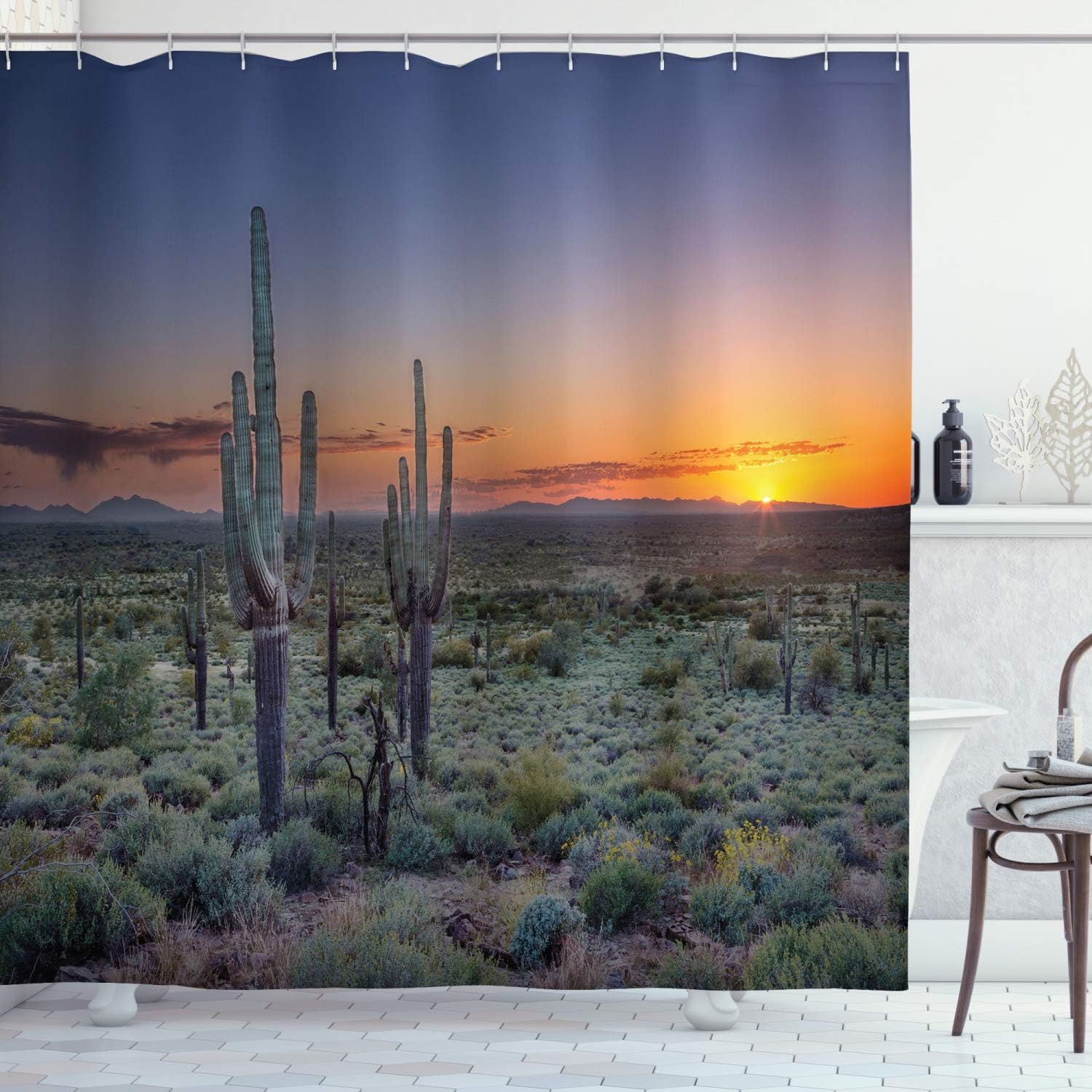 Ambesonne Saguaro Shower Curtain, Sunset Over The Phoenix Valley in Arizona Mountain State Park, Cloth Fabric Bathroom Decor Set with Hooks, 69" W x 75" L, Night Blue