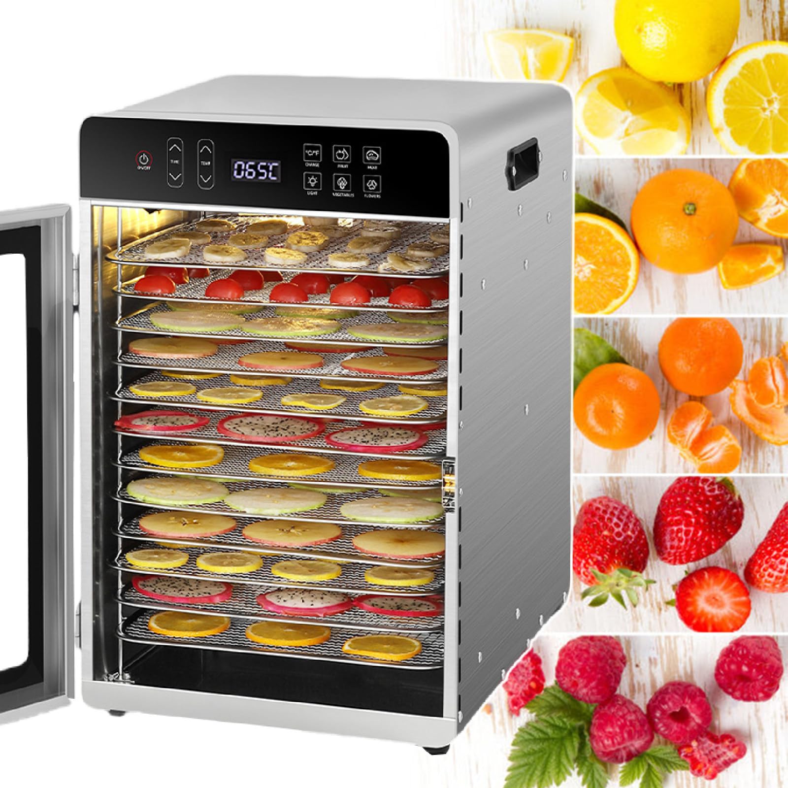 Secador de Frutas Verduras para Uso Doméstico, Secador Eléctrico 800W con Temporizador Ajustable & Control de Temperatura, 12 Bandejas - Preajustes Digitales para Fruta, Carne, Hierbas, Jerky 220V