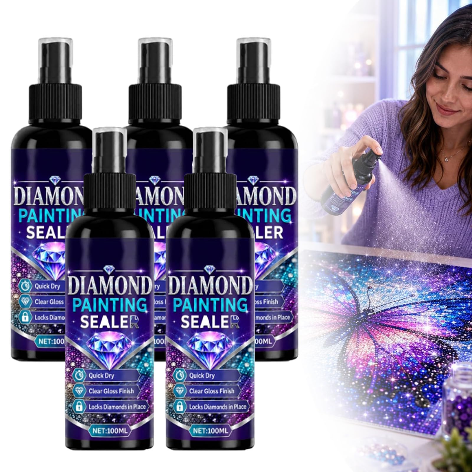 Versiegelungsspray für Diamantmalerei, 100 ml, schnell trocknendes Versiegelungsmittel für glänzendes Finish, Diamantkunst-Versiegelungskleber, verhindert das Herunterfallen (5pcs)