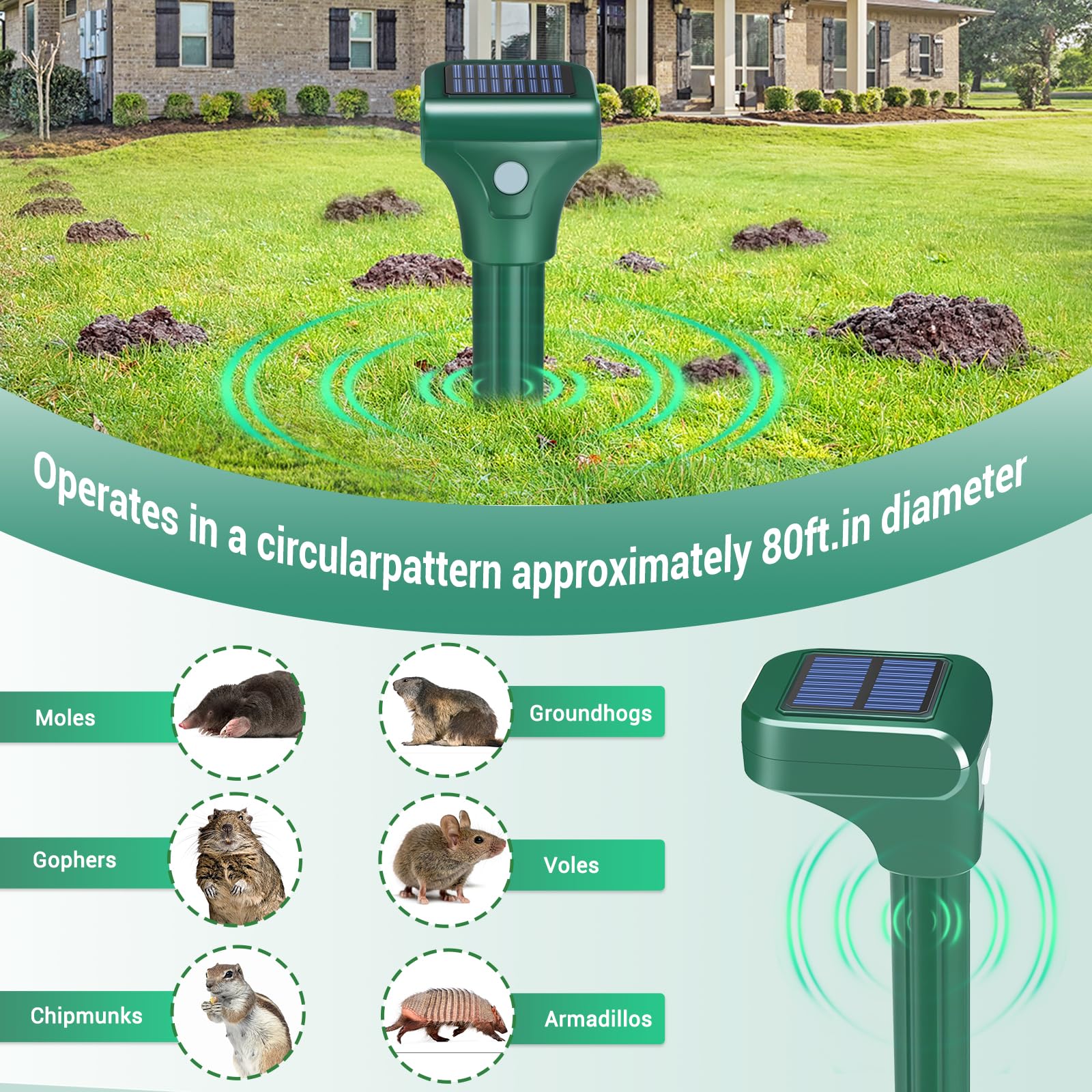 Confezione da 4 repellenti per talpe ad energia solare, IPX7, impermeabili, ad ultrasuoni, deterrente per talpe soniche da cortile, per sbarazzarsi di arvicole, scoiattoli, marmotte