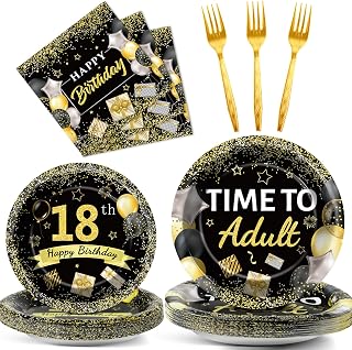 96 Pcs 18th Birthday Party Plates and Napkins Party Supplies Time To Adult 18 Years Old Birthday Party Tableware Set Black Gold 18th Birthday Decorations Favors for Boys Girls for 24 Guests