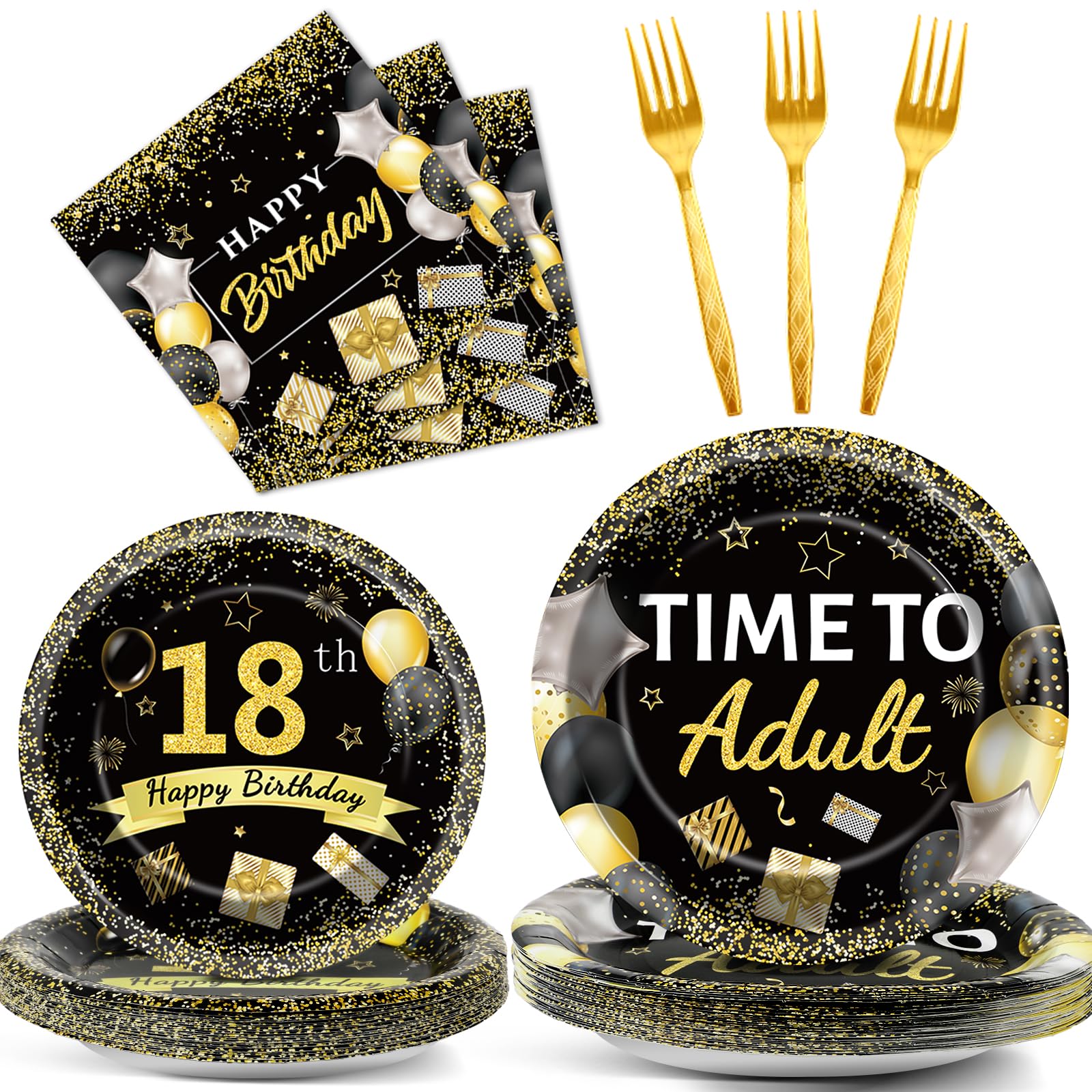 96 Pcs 18th Birthday Party Plates and Napkins Party Supplies Time To Adult 18 Years Old Birthday Party Tableware Set Black Gold 18th Birthday Decorations Favors for Boys Girls for 24 Guests