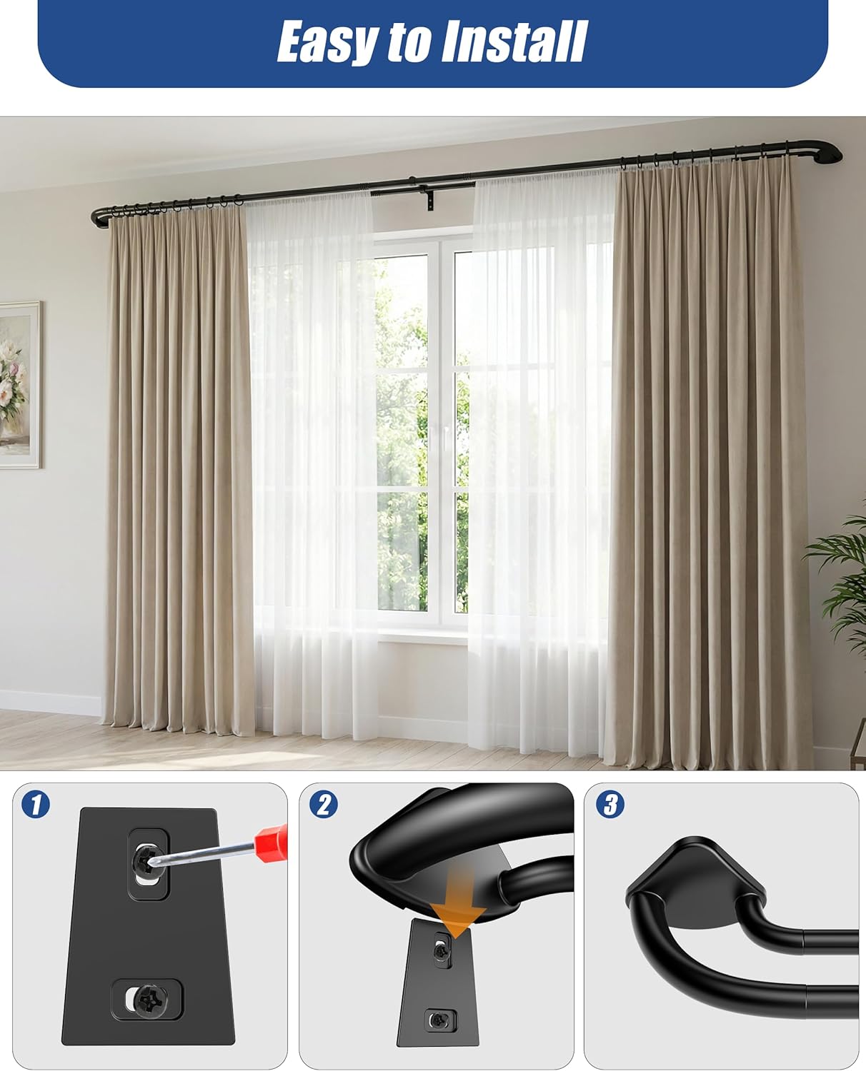 Wrap Around Curtain Rod 60 to 120 Inch, 3/4 Inch Adjustable Double Blackout Curtain Rod, Metal Thickened Hidden Base Curved Drapery Rod, Black