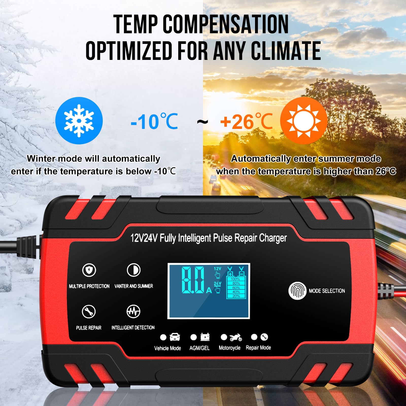 Ładowarka do akumulatora samochodowego 8 A, 12 V/24 V, inteligentna ładowarka podtrzymująca z automatycznym wyłączaniem i kompensacją temperatury, do samochodów osobowych, ciężarowych, łodzi (AGM/EFB
