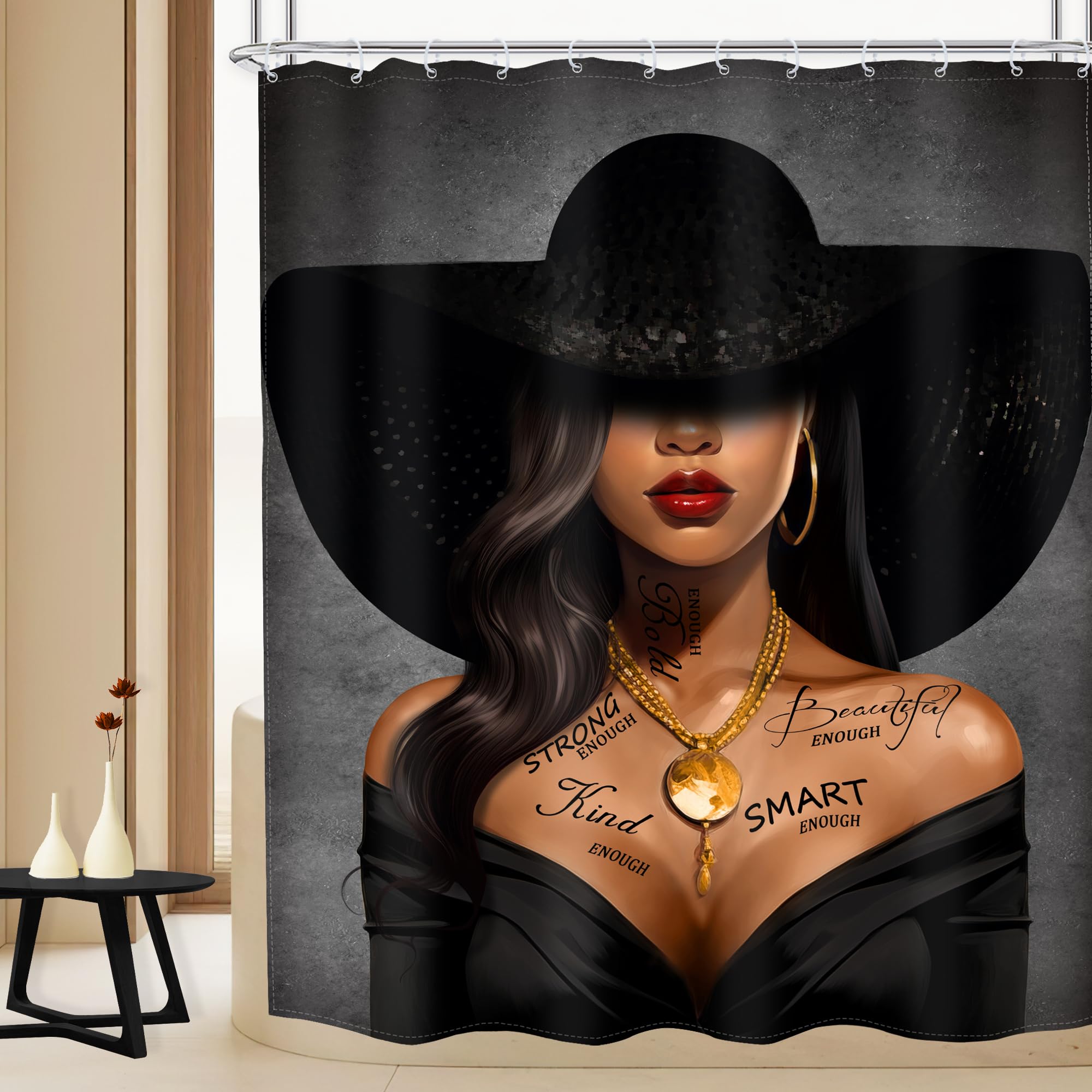 MESHELLY Black Girl Shower Curtain 60Wx72H African American Grey Inspirational Quotes Bathroom Curtain Fashion Black Woman Shower Curtain Modern Top
