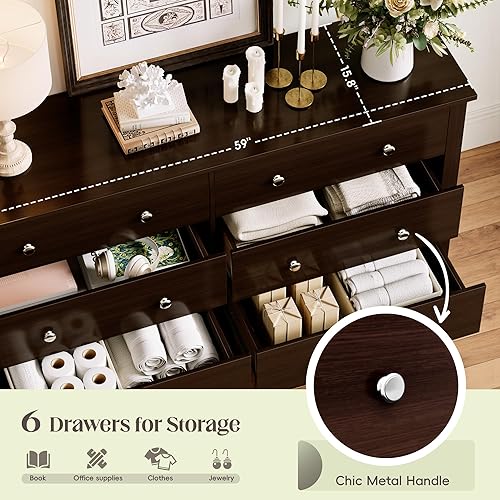 Miniatura 13 de JUMMICO Cómoda negra para dormitorio, 6 cajones de madera, cómoda ancha, unidad de torre de almacenamiento, diseño moderno para dormitorio, sala de