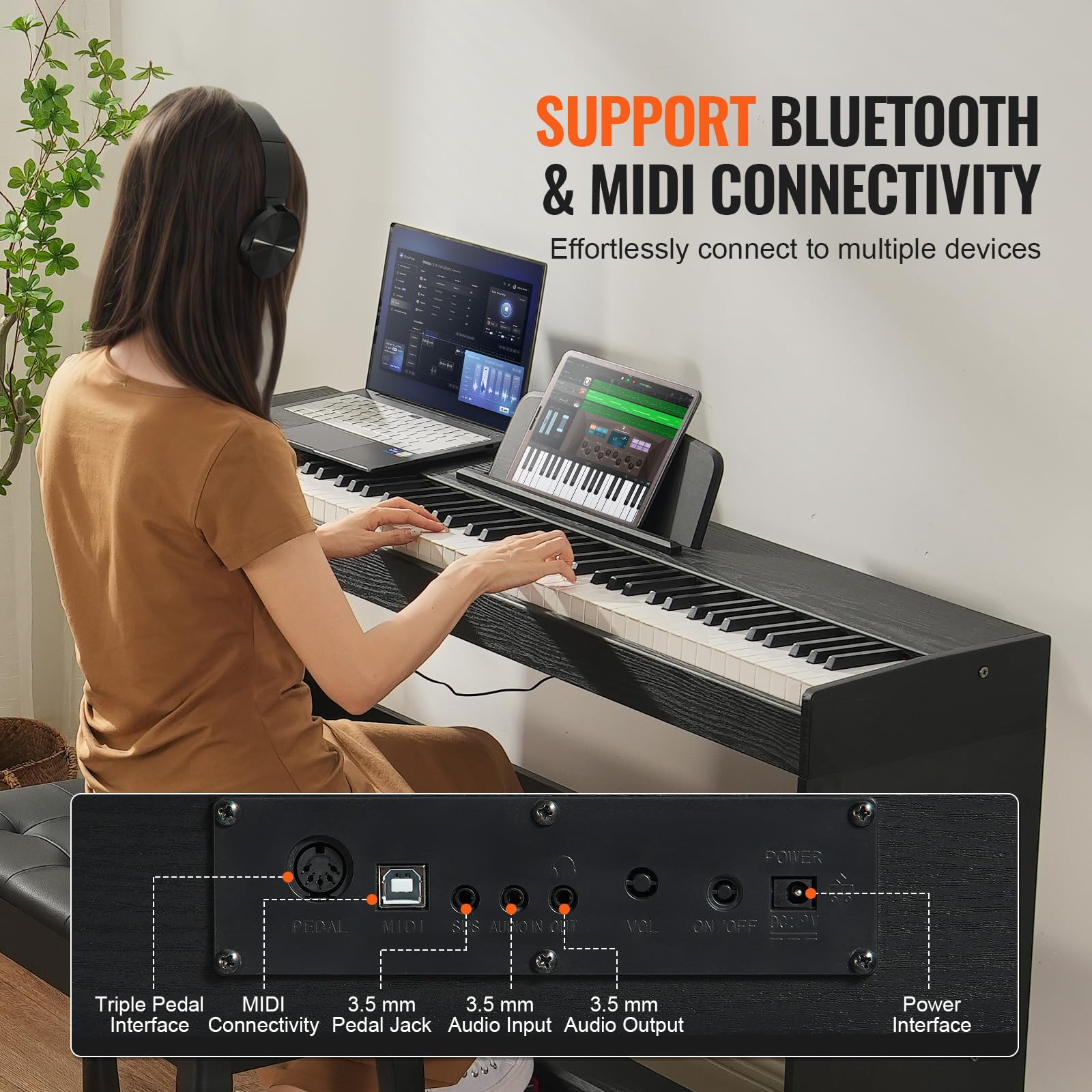 VEVOR Pianoforte Digitale 88 Tasti Pesati, Tastiera Elettrica con Altoparlanti, Supporto, Cuffie, Bluetooth USB MIDI, 200 Suoni e Ritmi