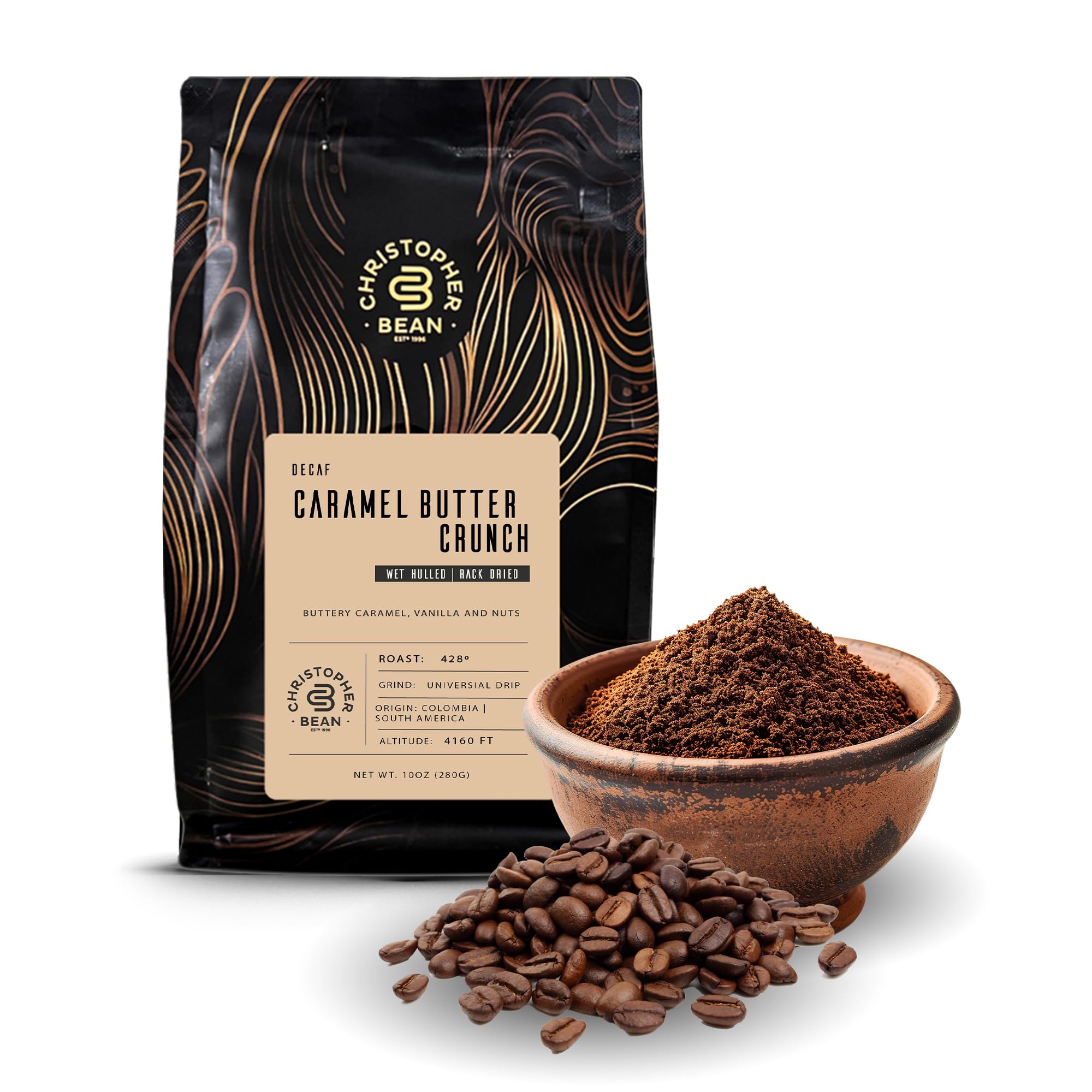 Christopher Bean Coffee - Decaf Ground Caramel Butter Crunch Flavored Coffee with Medium Roast | Caramel Butter Crunch Coffee No Sugar with 100% Arabica, No Fats, Non-GMO | 10-Ounce