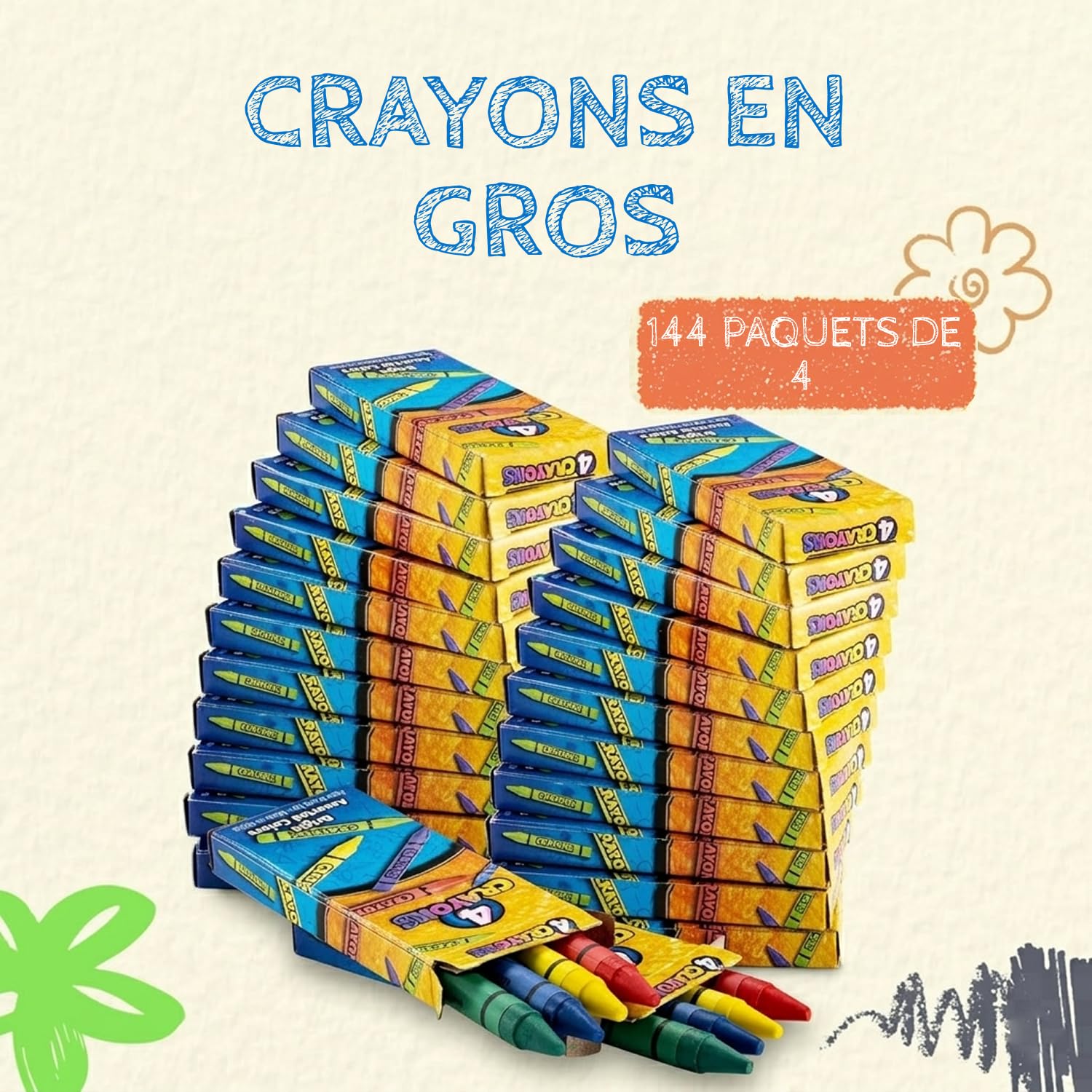 Bedwina Crayons Cire - 576 Crayons - Lot 144 paquets de 4, Crayons de Couleur de Qualité Supérieure Enfants, Coloriage Enfants pour Cadeaux Fête, Pochettes Cadeaux et Chaussettes de Noël