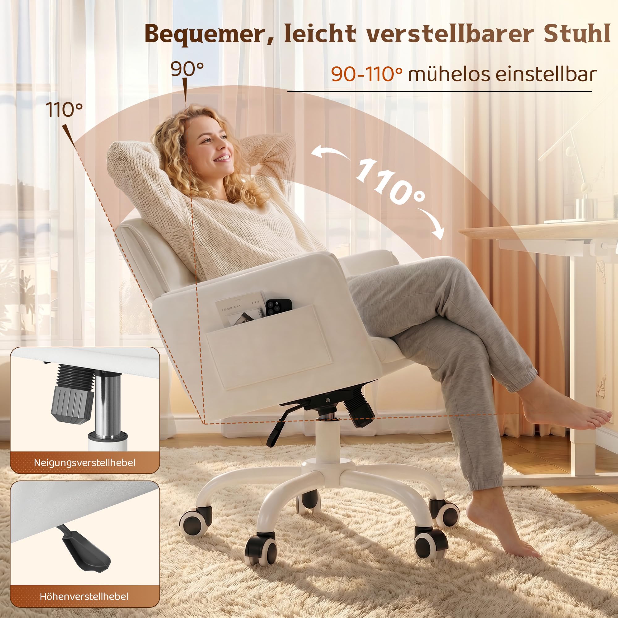 Schreibtischstuhl mit neigbarer Rückenlehne & Armlehnen, Schminktisch Stuhl mit Samtbezug, höhenverstellbar & 360° Drehfunktion, 150 kg, ergonomischer Bürostuhl, Homeoffice, Schlafzimmer, Beige