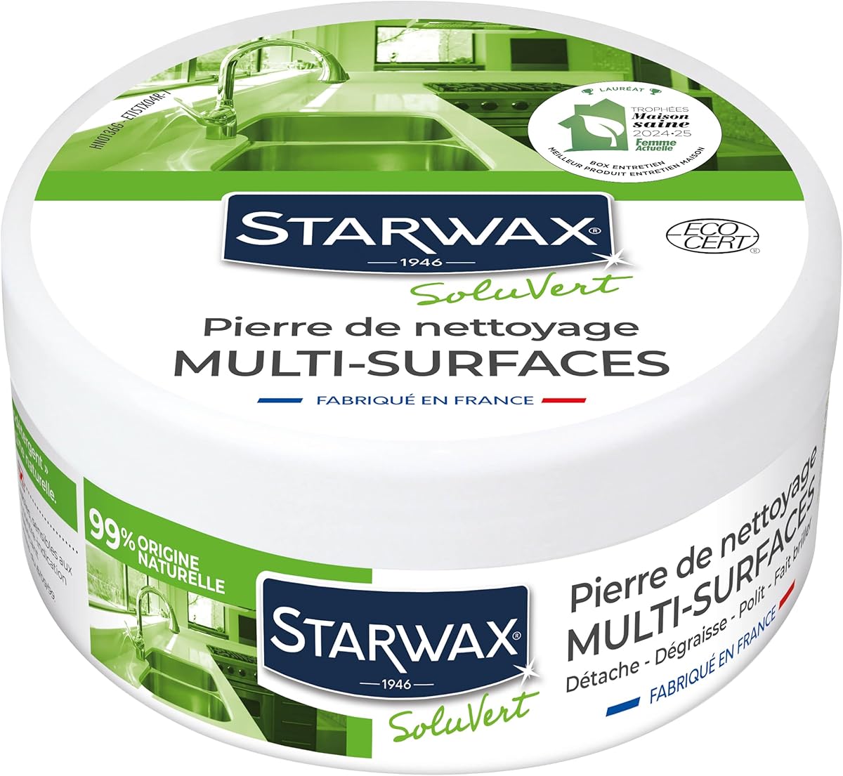 STARWAX SOLUVERT Pierre Blanche de Nettoyage - 375g - 99% d'Origine Naturelle en Pot - Détache, Dégraisse, Polit, Fait briller - Intérieur et Extérieur - Application Facile
