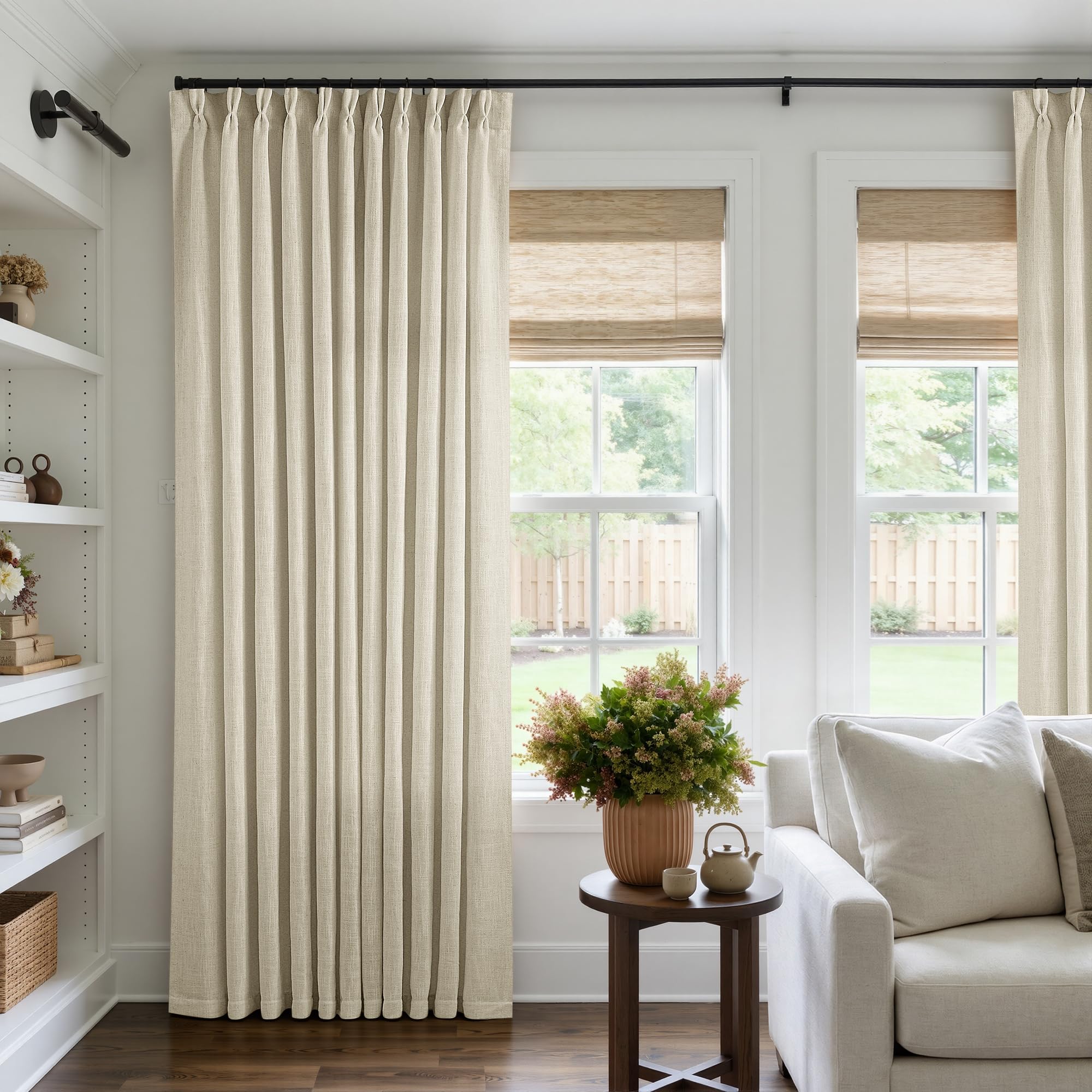 Photo 1 of Pinch Pleated Extra Wide Curtain Panels 108 Inches Long 70 Wide Linen Curtain for Patio Sliding Glass Door Beige Hooks Rings Semi Sheer Privacy 108 Inch Length for Living Room 70x108 1 Panel