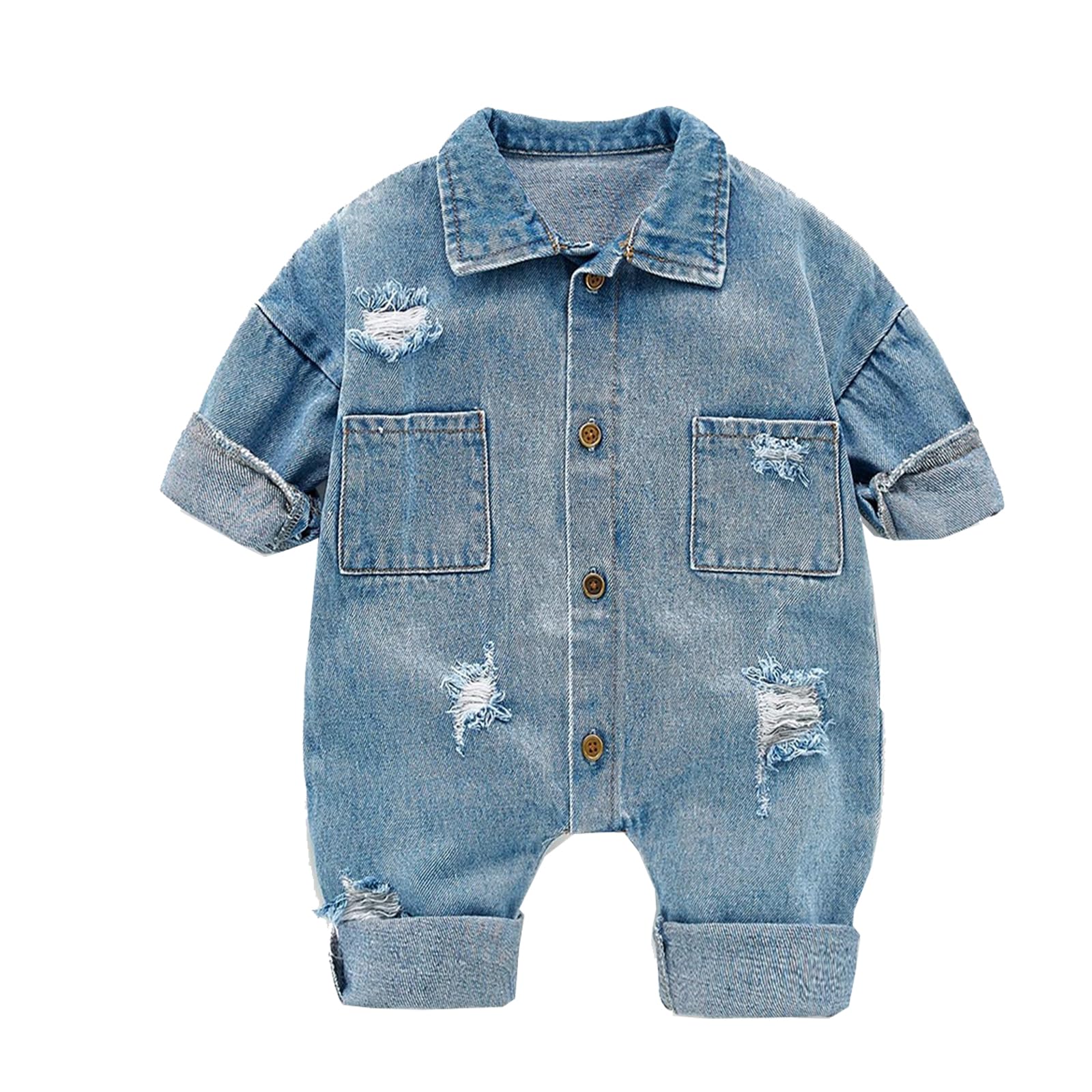 Pagliaccetti Denim da Neonato Bambino Tutine Jeans con Risvolto Bimbo a Manica Lunga