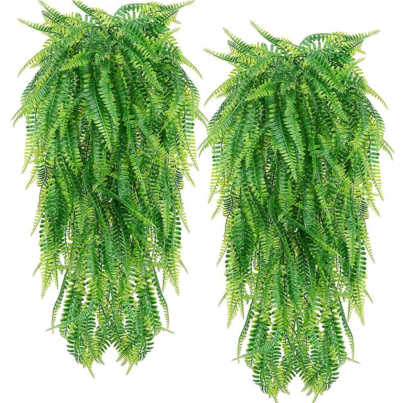 JUOPZKENN Lot de 2 fougères artificielles à suspendre, plantes de vigne imperméables, anti-UV, fausses plantes à suspendre en plastique pour terrasse, porche, jardin, cour, décoration intérieure et