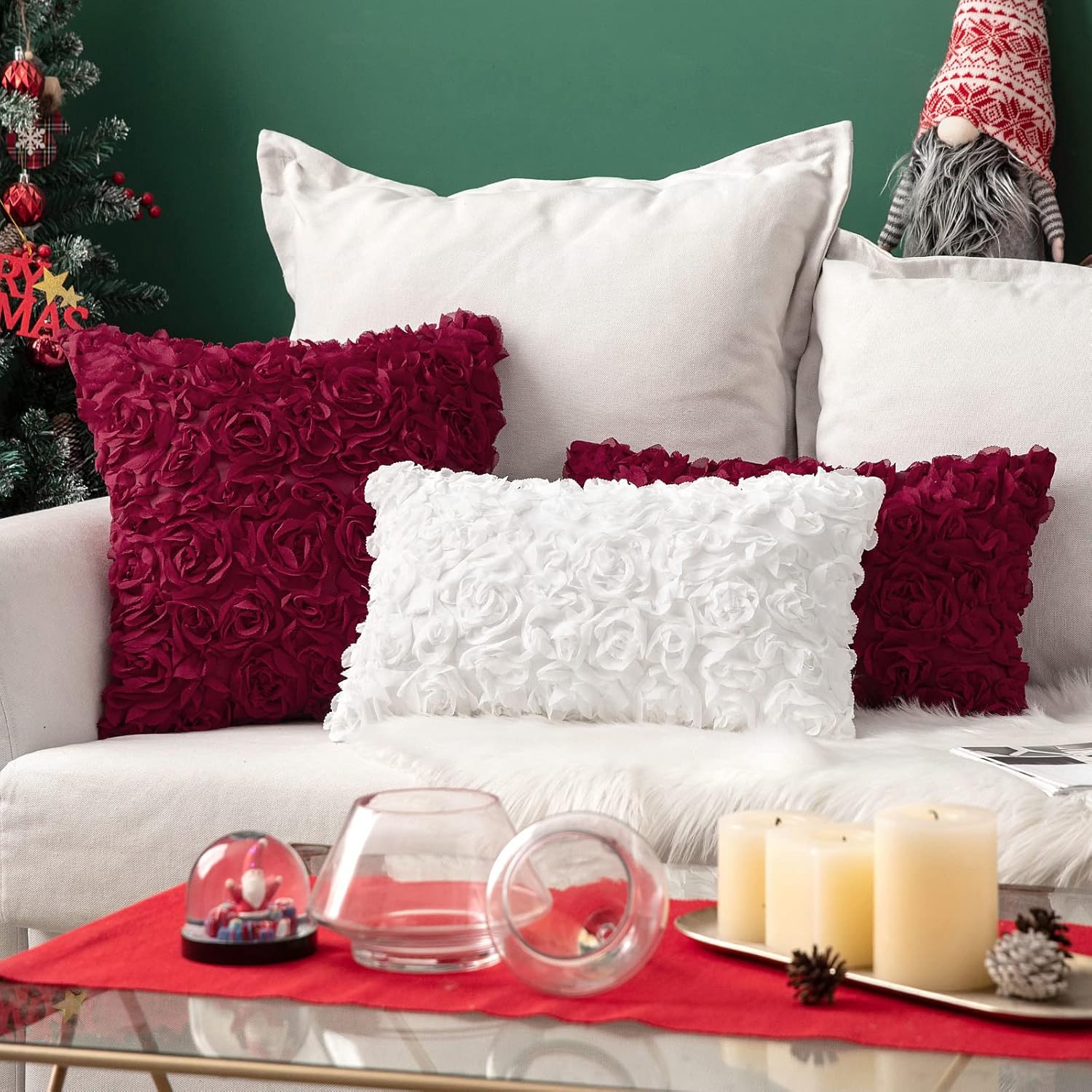 MIULEE 3D Christmas Decorative Romantic Stereo Chiffon Rose Flower Throw Pillow Cover Pillowcase for Decor Sofa 12x20 Inch Wine Red Bundle Linen Semi Sheer Window Curtains Grommet Drapes(54X84 inch)