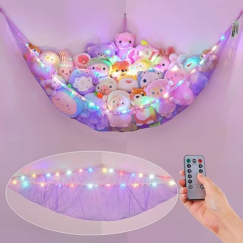 Basumee Stuffed Animals Net or Hammock with LED Light Hanging Toy Net Hammock for Stuffed Animals Storage Stuff Animals Hammocks for Nursery Room with Remote Control, 8 Kinds of Lights(Pack of 1)