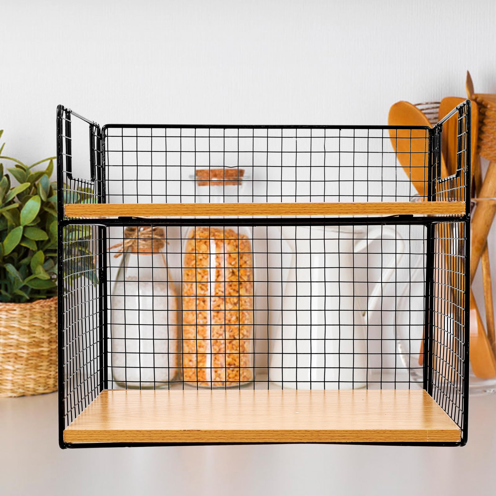 DOITOOL Küchenregal mit Gewürzorganizer Schwarzes 2 lagiges aus Metall und Holz Praktischer und Stilvoller Organizer für Arbeitsplatte für Wohnzimmer und Küche