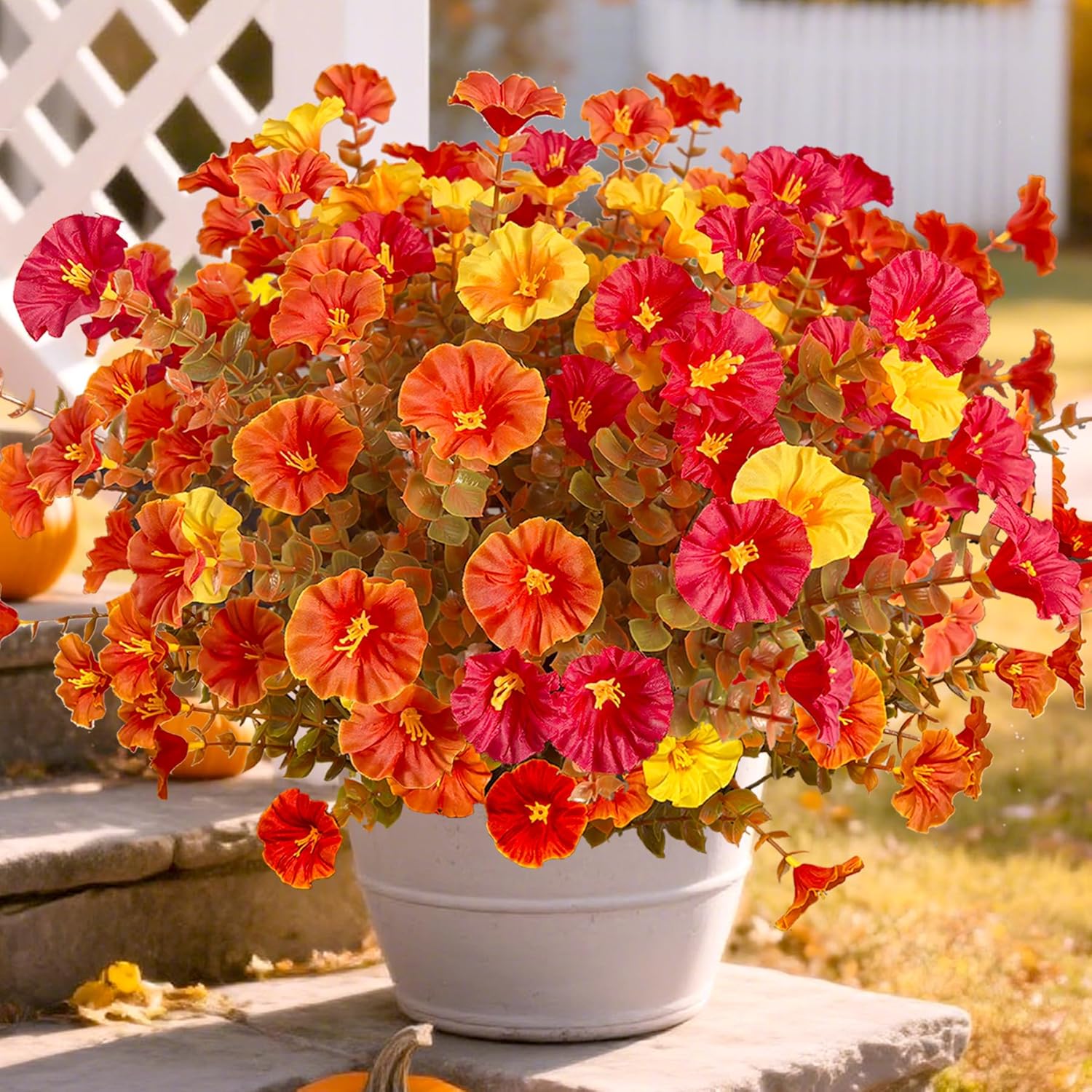 Artificial Fake Mums Fall Flowers for Outdoor Decorations, 12 Bundles Fake Flowers Artificial Plants Outdoor UV Resistant Plastic Faux Silk Flowers for Porch Planters Patio Garden. Yeredorange 12
