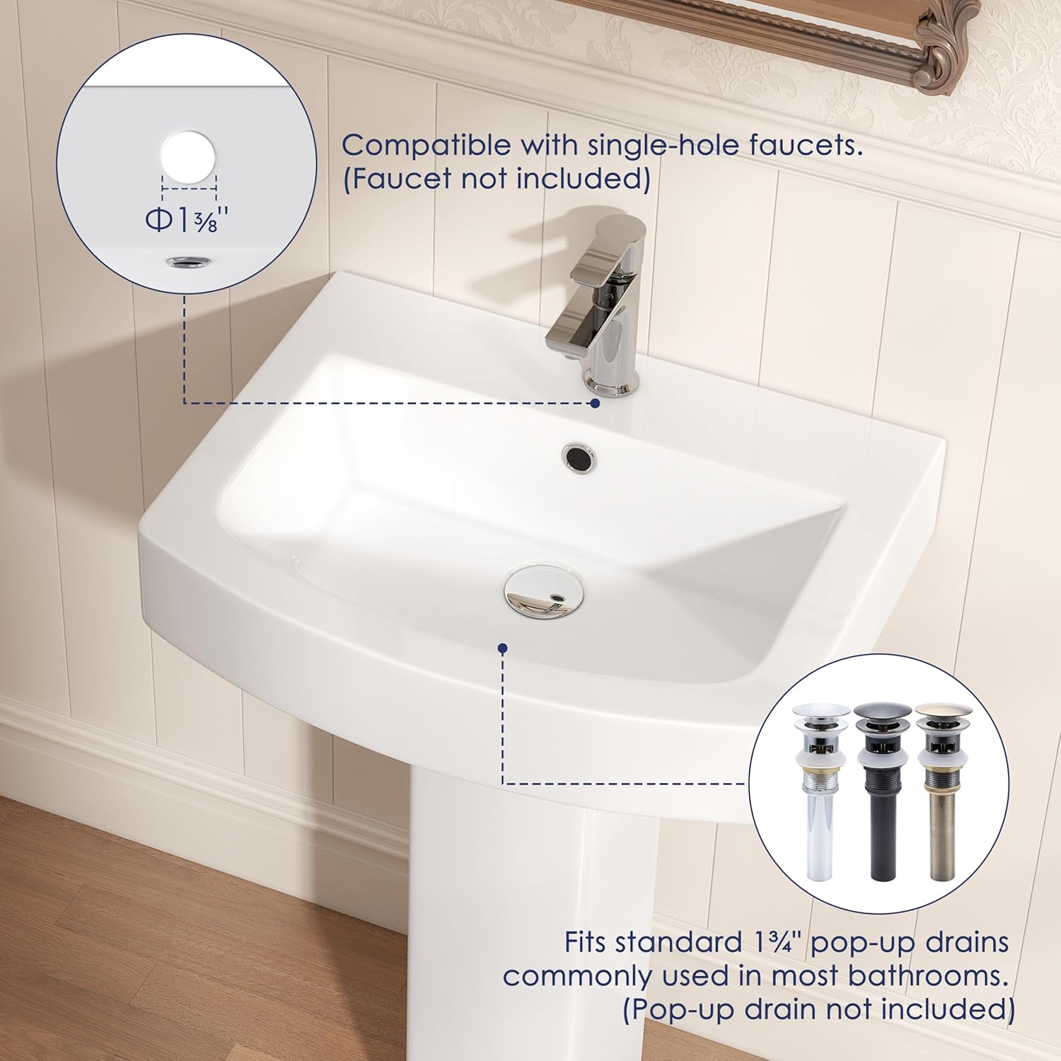 Eridanus 23"W x 18"D Space-Saving Bathroom Pedestal Sink, Vitreous China Ceramic in White Porcelain, Single Pre-Drilled Hole, Built-in Overflow
