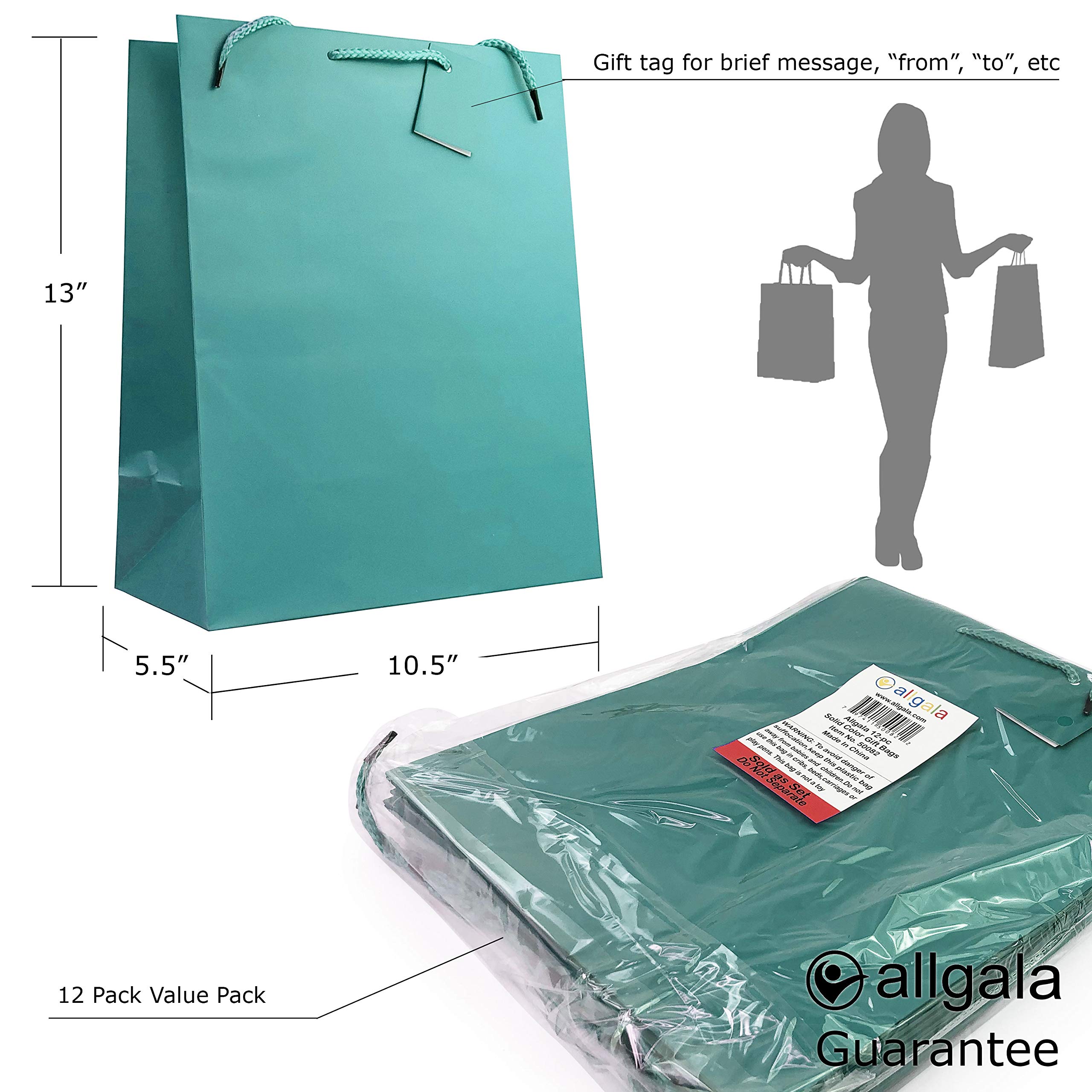 12 Pack Large Green Gift Bags With Handles - 13x10x5.5 Inch Party Favor Bags For Birthdays & Holidays