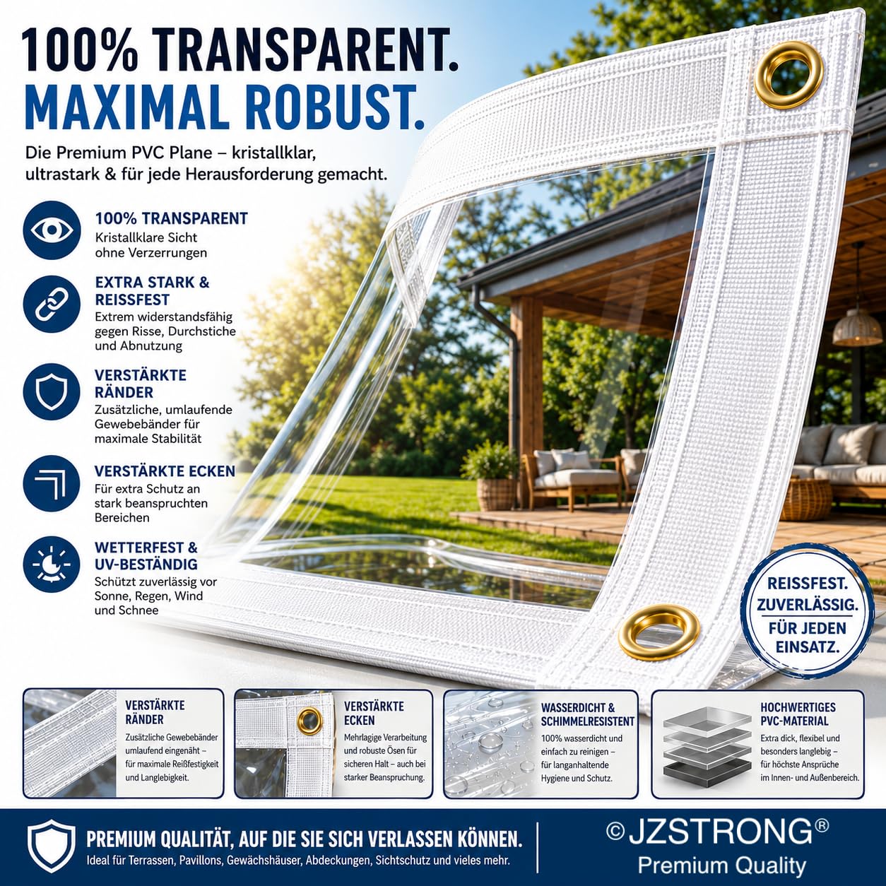 Plane 3x4m Transparent 746g/m² Wasserdicht mit Ösen Abdeckplane PVC 0,50mm Strapazierfähig Wetterfest Faltbar Schutz Reißfest Verstärkter Rand Rostfrei UV-Stabilisiert Schimmelresistent