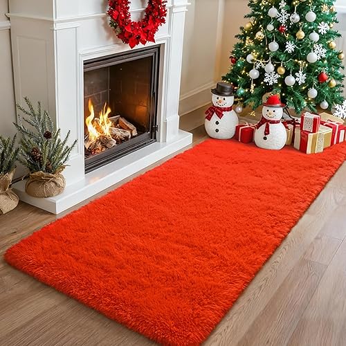 Merelax Soft Fluffy Rugs for Bedroom Living Room, 2x6 Hallway Runner Rugs, Furry Shag Bedside Area Rug Indoor Accent Floor Carpet, Plush Fuzzy Rug for Dorm Nursery Kids Room Decor, Orange Red