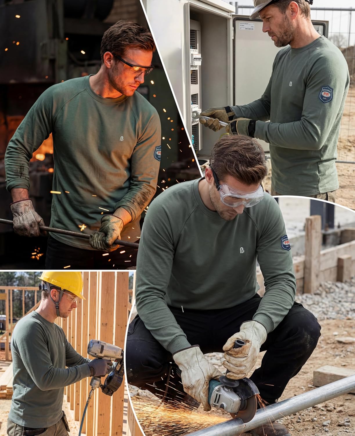BOCOMAL Men's FR Shirts Long Sleeve Crewneck Fire Resistant 5.5oz Lightweight Cotton Work T Shirt CAT2 - Image 2
