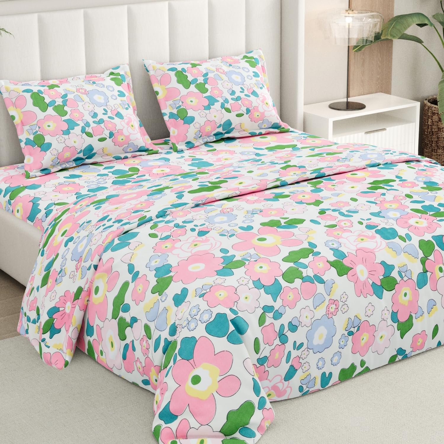 Rivermoor 200 TC Ultrasoft Bedsheet for Double Bed | Queen Size Bed Sheet with 2 Pillow Covers | Floral Pink Green| 88 x 96 Inches | Breathable & Hypoallergenic