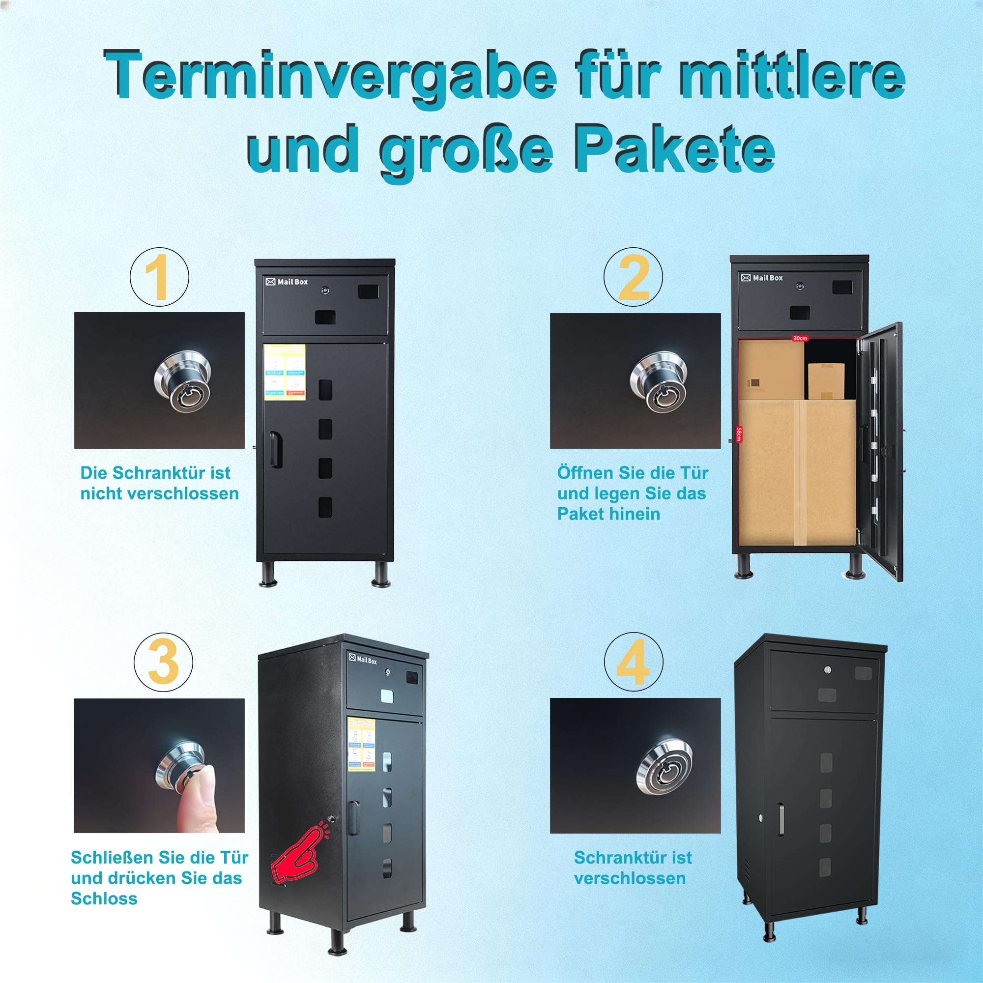 paketbriefkasten XXL undbriefkasten groß,Pulverbeschichtet，Wasserdicht, rostfrei und diebstahlsicher briefkasten paketbox Bodenstehender Parcel Box, einfach zu montieren.-Kohlenschwarz