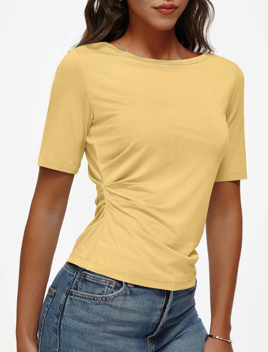 Women's Boat Neck Top Half Sleeve Ruched Side Fitted T-Shirt Basic Casual Slim Tee - Image 2