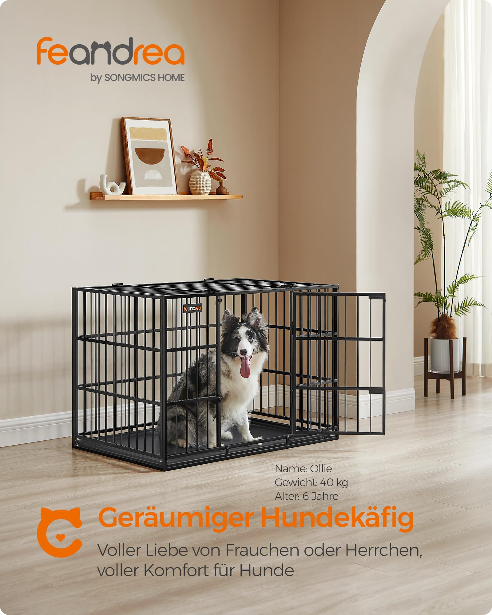 Feandrea Hundekäfig hochbelastbar, Hundebox, 107 x 70 x 75 cm, für mittelgroße und große Hunde, mit herausnehmbarer Bodenschale, Doppeltüren, leicht zu reinigen, Haustierkäfig, tintenschwarz PPD005B01