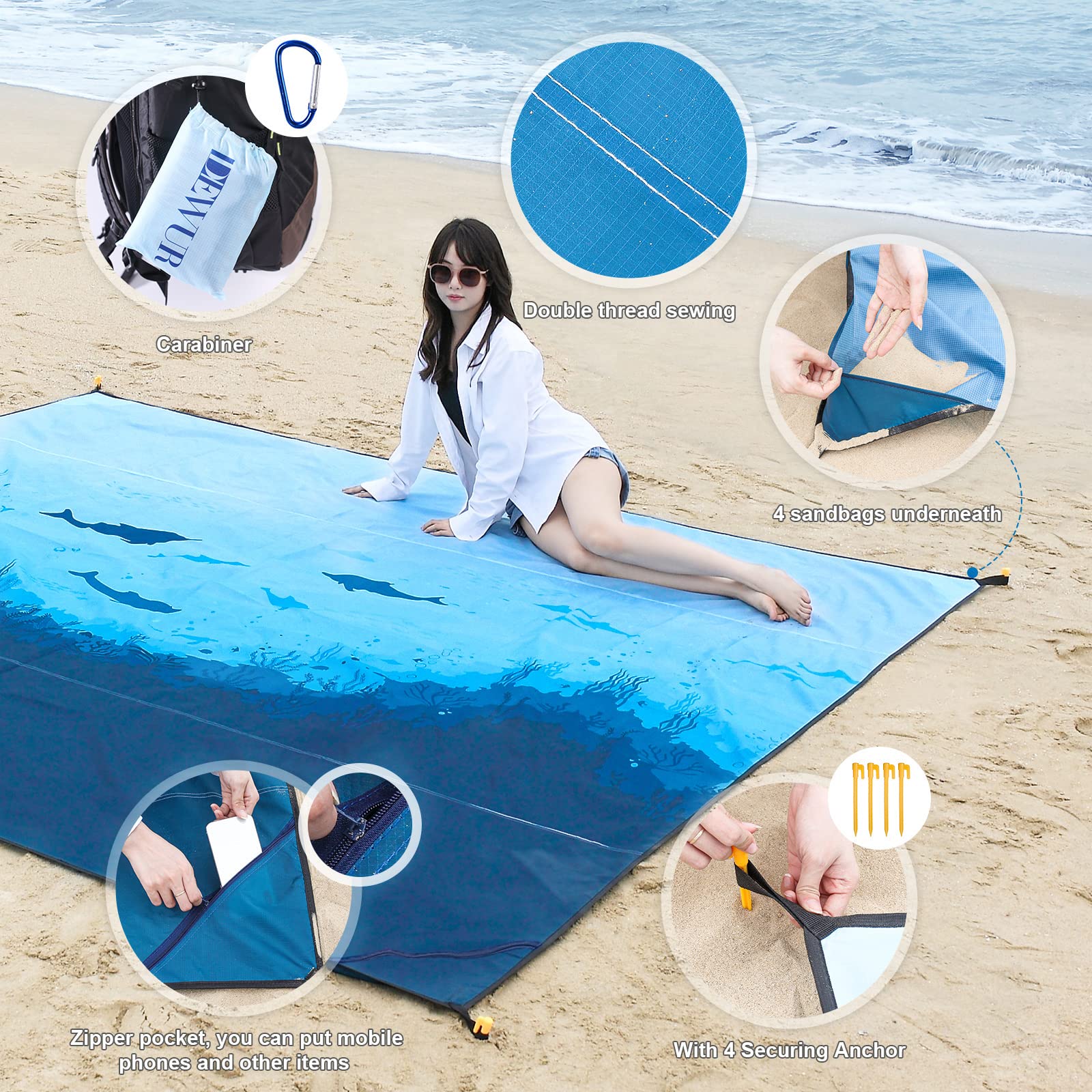 DEWUR Koc plażowy XXL, bez piasku, wodoszczelny koc plażowy, koc piknikowy, duży na urlop, plażę, kemping, podróże (300 x 290 cm, ryby morskie)