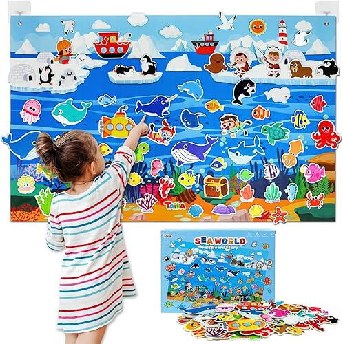 Taika Juego de 70 tableros de fieltro oceánico, tablero interactivo de fieltro de 43 x 28 pulgadas, tablero de franela mullida, narración