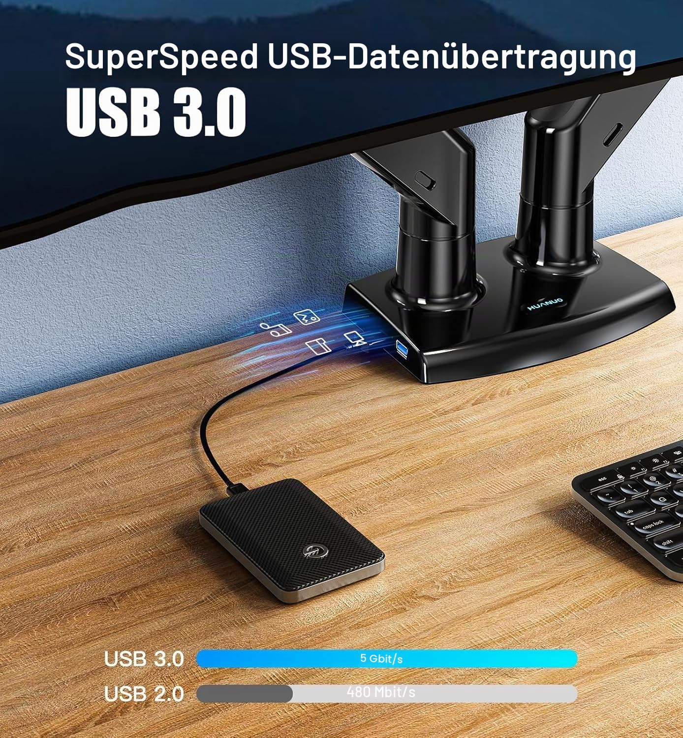 HUANUO Monitor Halterung 2 Monitore für 13-40 Zoll Bildschirme, Dual Monitor Arm, Gaming Monitorständer VESA 75 & 100 mm, C-Klemme und Tüllenbefestigung, Erhöhte Tragfähigkeit von 2-12 kg