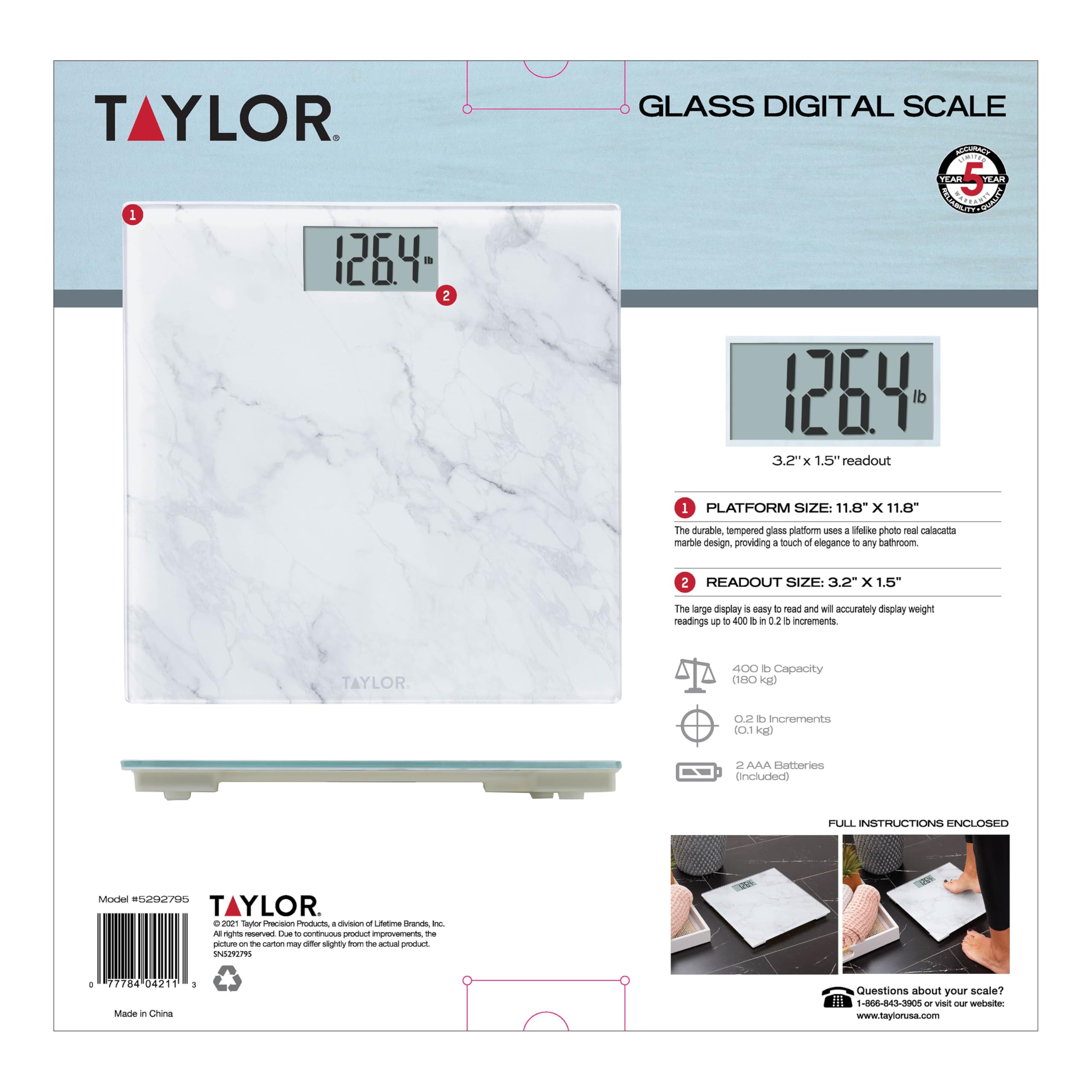 Taylor Bilancia pesapersone digitale in vetro e marmo, bilancia per il peso corporeo, altamente precisa, alimentata a batteria, idonea FSA HSA, misura peso fino a 181,4 kg, bianco