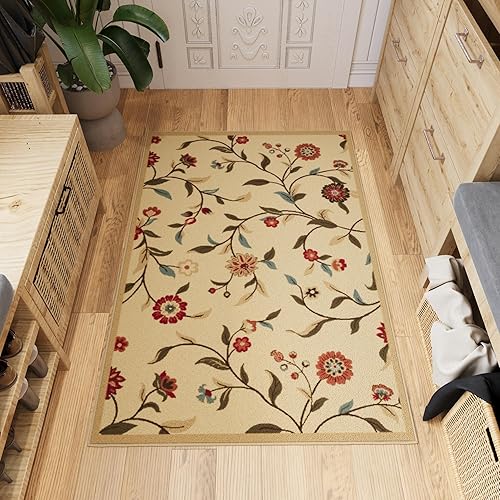 Miniatura 1 de Ottomanson Ottohome Collection - Alfombra antideslizante de goma con diseño de hojas florales de 3 x 5 pies, 3 pies 3 pulgadas x 5 pies, color beige
