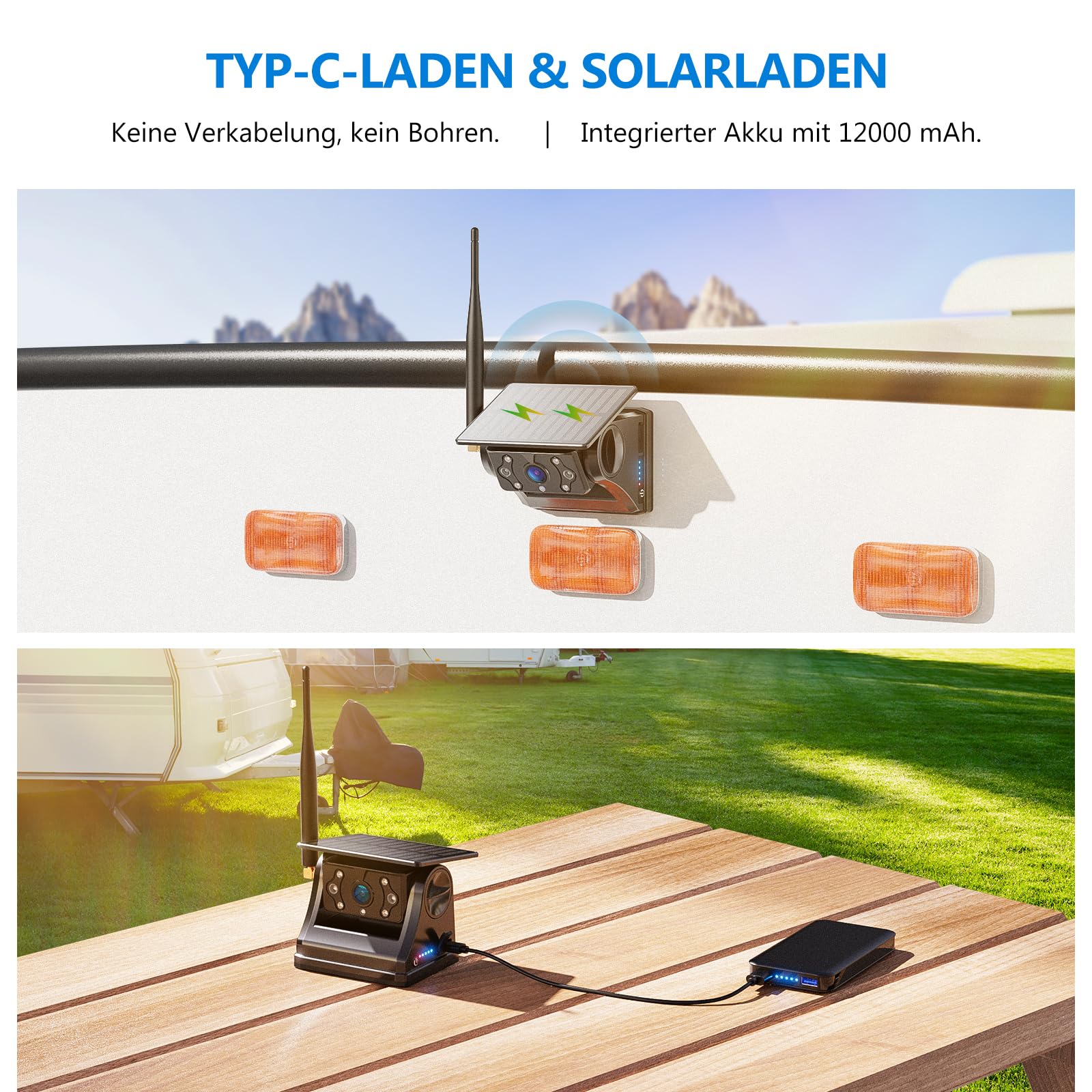 eRapta Magnetisch Solar Rückfahrkamera Kabellos mit 7" 1080P Touchscreen Monitor: 12000mAh Akku, 1 Min DIY Installation, IP69K Wasserdicht Rückfahrkameras für Wohnmobil Wohnwagen Anhänger LKW
