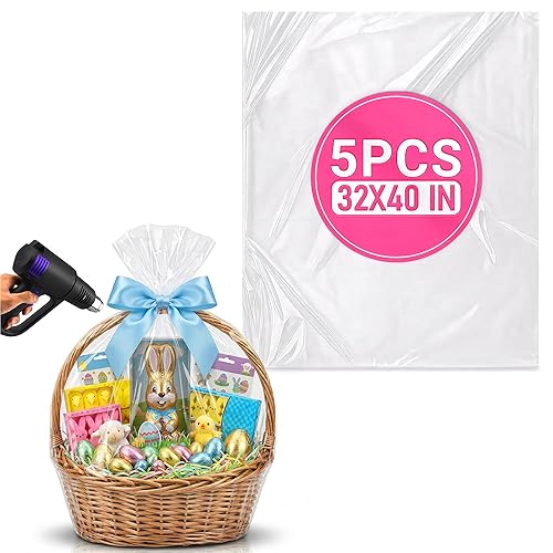 5 bolsas retráctiles para cestas de regalo – Envoltura retráctil grande de 32 x 40 pulgadas, amplia aplicación para regalos y cestas, duraderas y