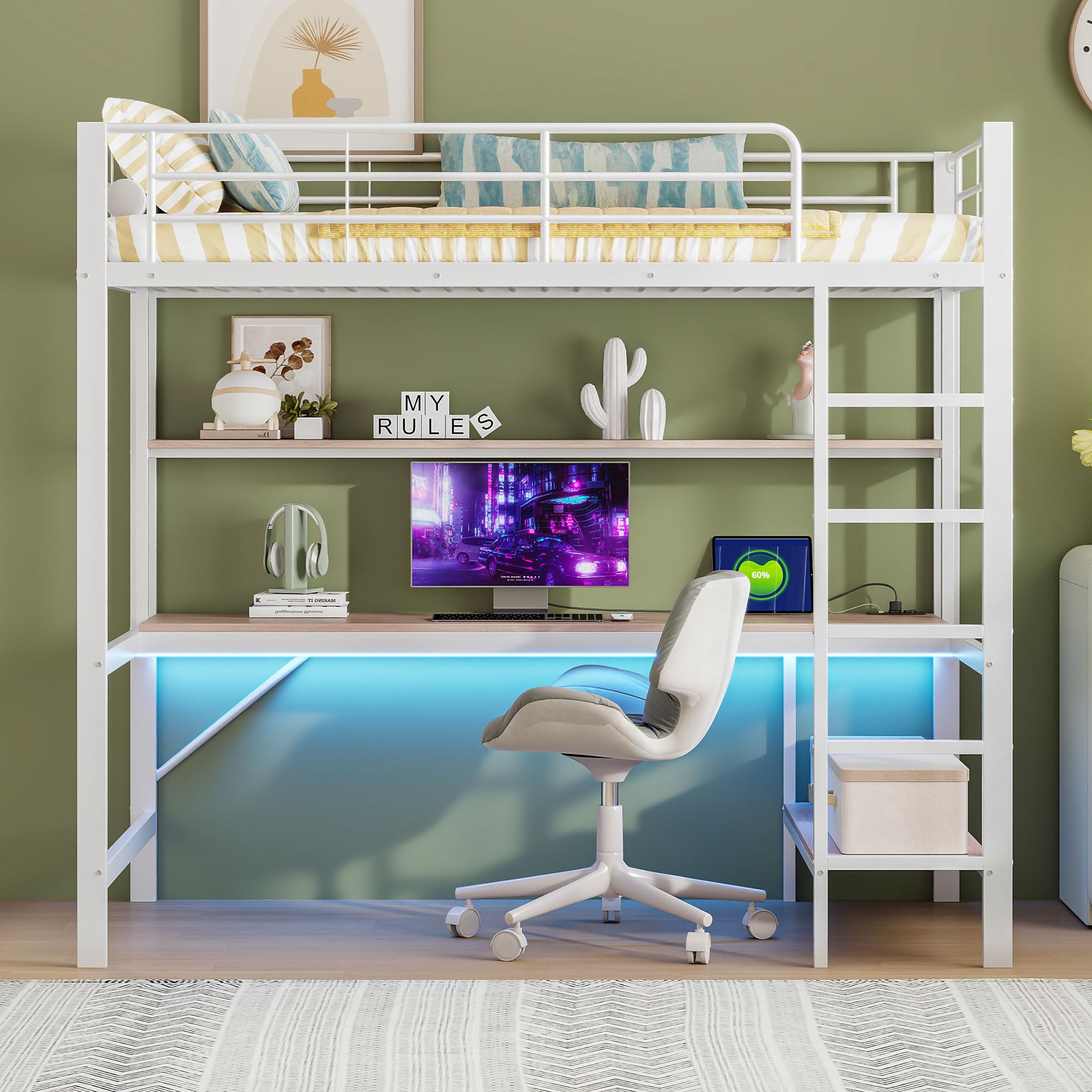 Łóżko antresolowe 90 x 200 Weiß, z 7 kolorami kontrolą aplikacji, gniazdko biurowe + USB, półka wielopoziomowa, drabina schodowa, poręcz, oszczędność miejsca do studia sypialni młodzieżowej