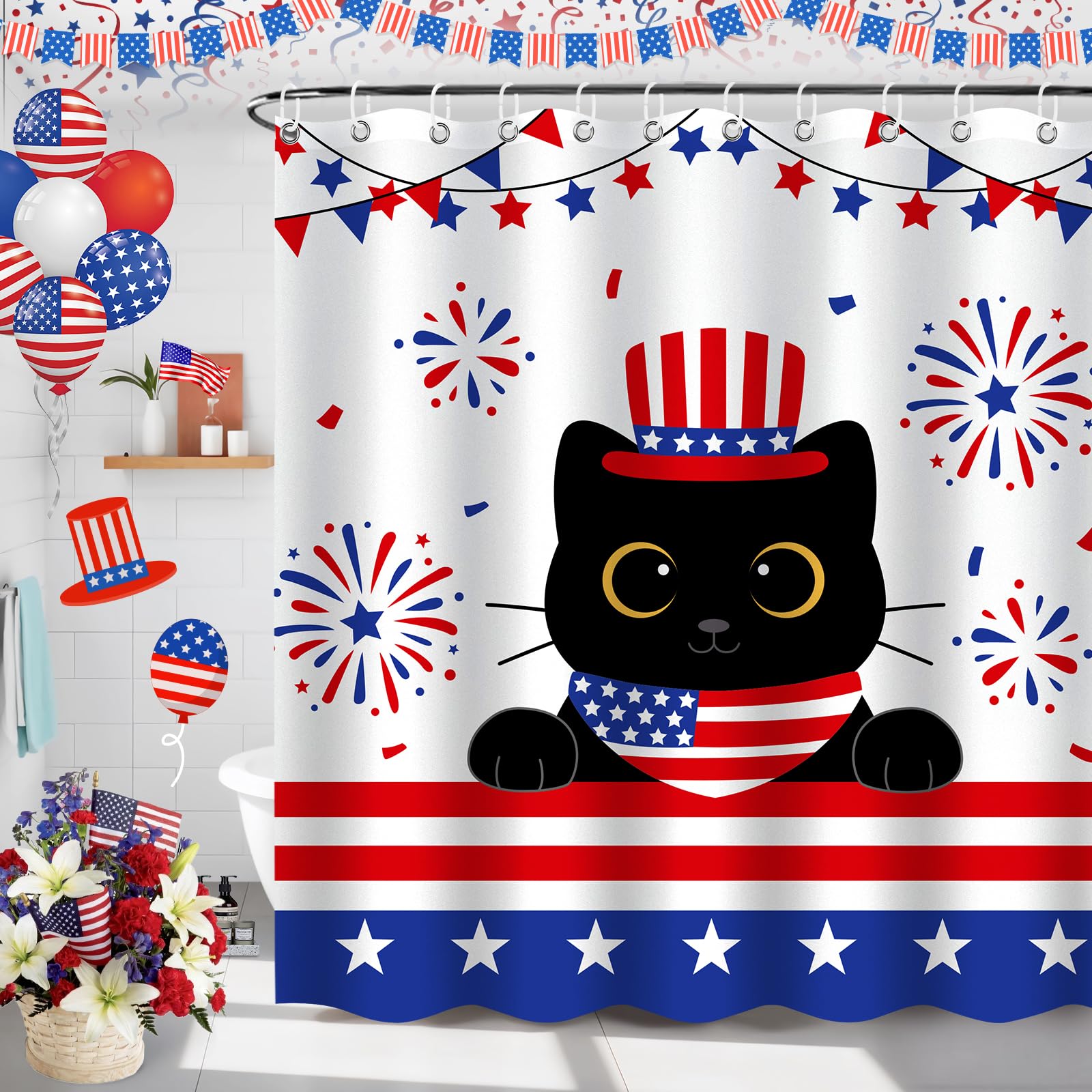 LSYDCARM 4th of July Shower Curtain, Independence Day America Memorial Day Flag Shower Curtain with Black Cat, 72 X 72 Inch Waterproof Fabric Patriotic Bathtub Curtain Independence Day Decorations