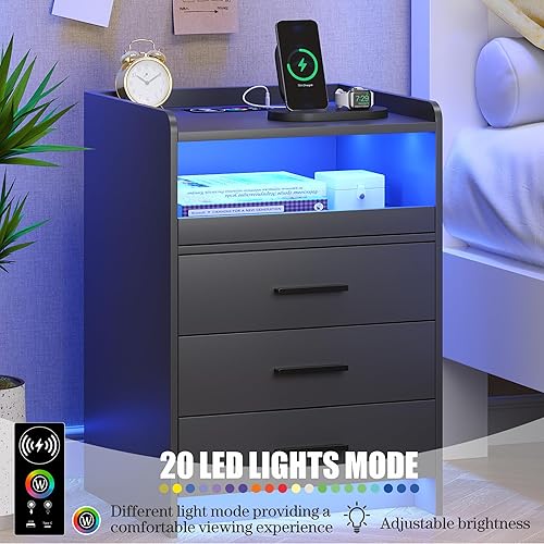 Miniatura 5 de Mesita de noche con estación de carga inalámbrica, mesa de noche con luz RGB y sensor humano, 3 cajones LED moderna mesa auxiliar para dormitorio,