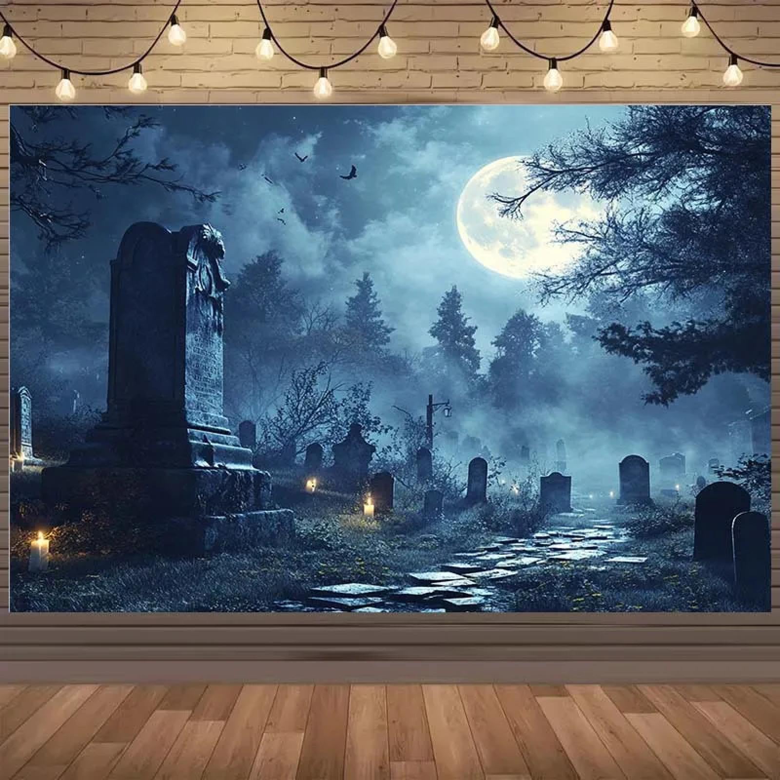 1 x tło mglisty grób na Halloween z księżycem w pełni i cieniem drzewa bez elektryczności - idealne do dekoracji imprez scenicznych