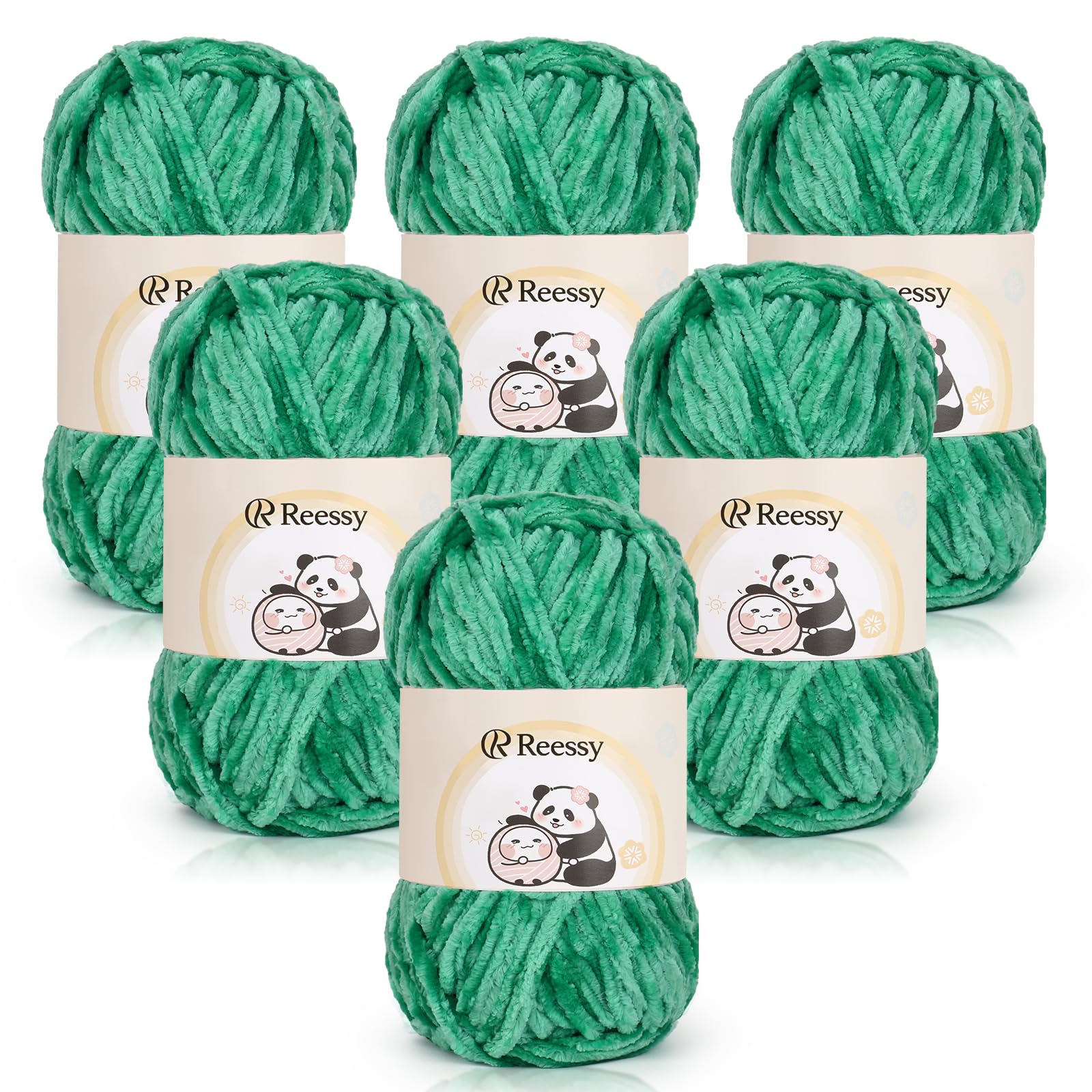 Reessy Chenille Yarn 600g(6×100g), Super Soft Fluffy Velvet Yarn Set, Thick Yarns Knitting Wool for Knitting and Crochet Amigurumi, Handbag, Blankets, DIY(Emerald-Green)