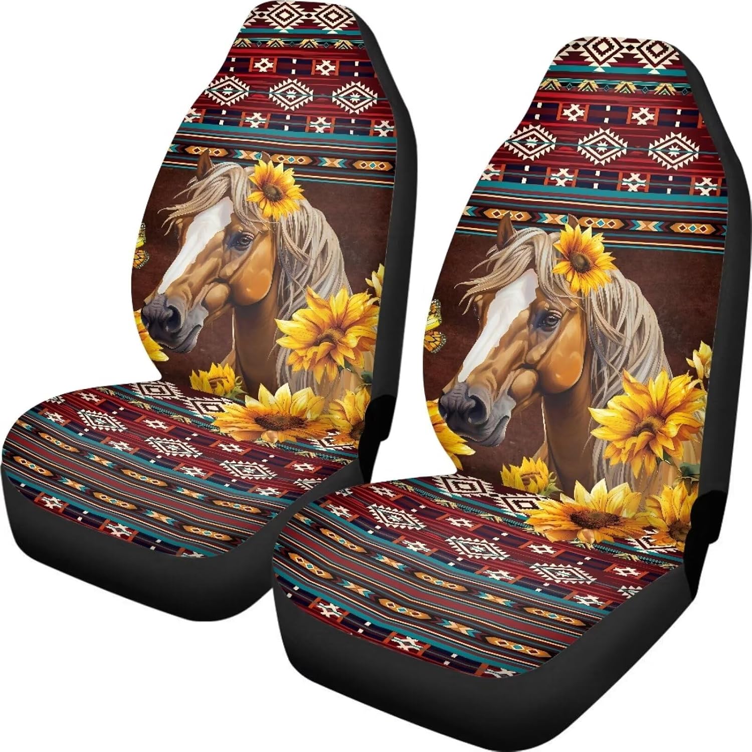 DISNIMO Navajo Sunflower Horse Car Seat Covers for Car Interior Decoration Front Seat Protective Cover Full Set of 2, Fit Most Car Truck SUV and Van