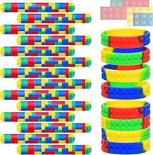48 Pieces Building Blocks Party Favors Building Block Slap Bracelets Silicone Wristband Color Brick Party Slap Bracelet Building Blocks Bracelets for Colorful Birthday Party Favors