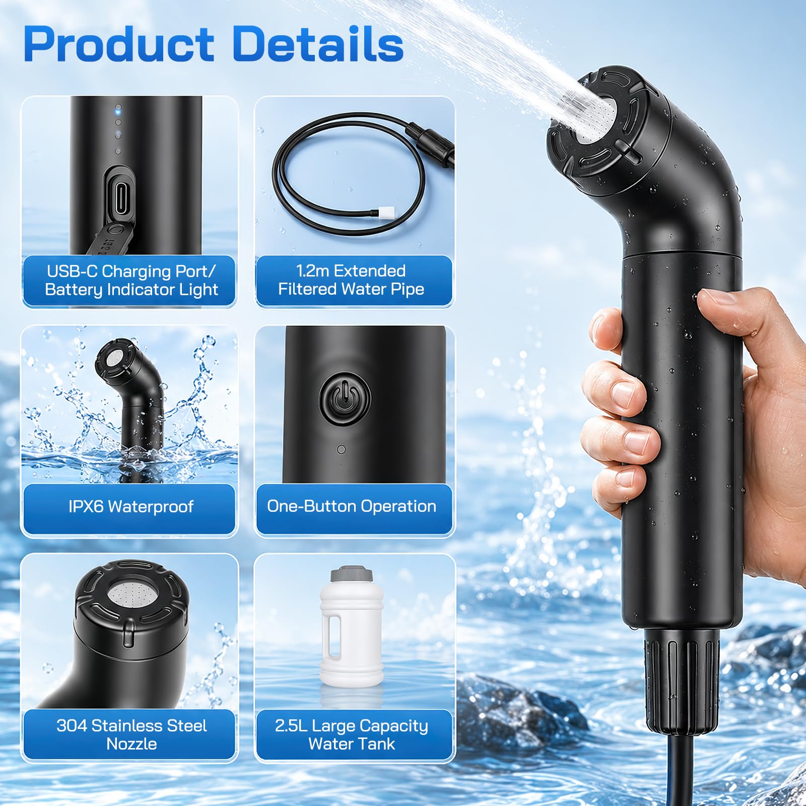 Bidet Elettrico Portatile, 2,5 L Flacone Lgiene Perineale Viaggi e Campeggio 3 Modalità Flusso Indicatore Batteria Dispositivo Lavaggio Perineale Manuale Ricaricabile per Lgiene Intima Cura Post-parto