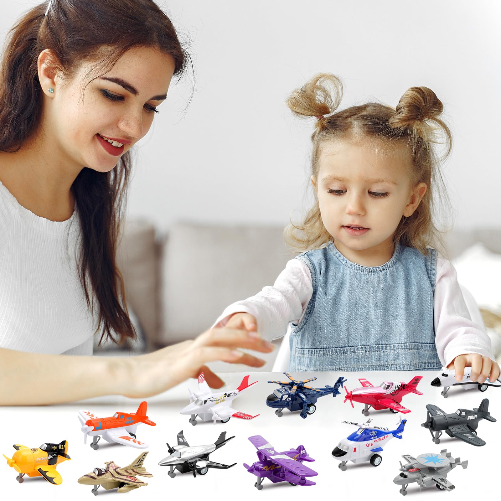 deAO Set of 12 Pull Back Airplanes Vehicle Playset Variety Pack of Helicopters, Stealth Bombers, Fighter Jets, Aircraft - Image 2