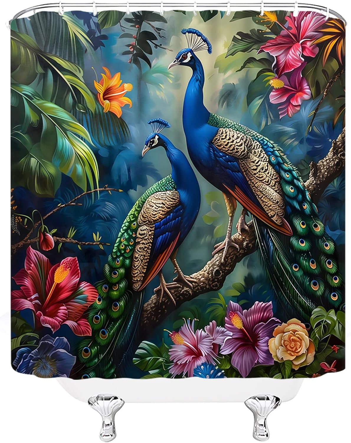 Peacock Shower Curtain Blue Beautiful Bird Flower Branches Watercolor Plant Elegant Animals Asian 70" Wx84 H Fabric Bathroom Decor Curtain with Hooks
