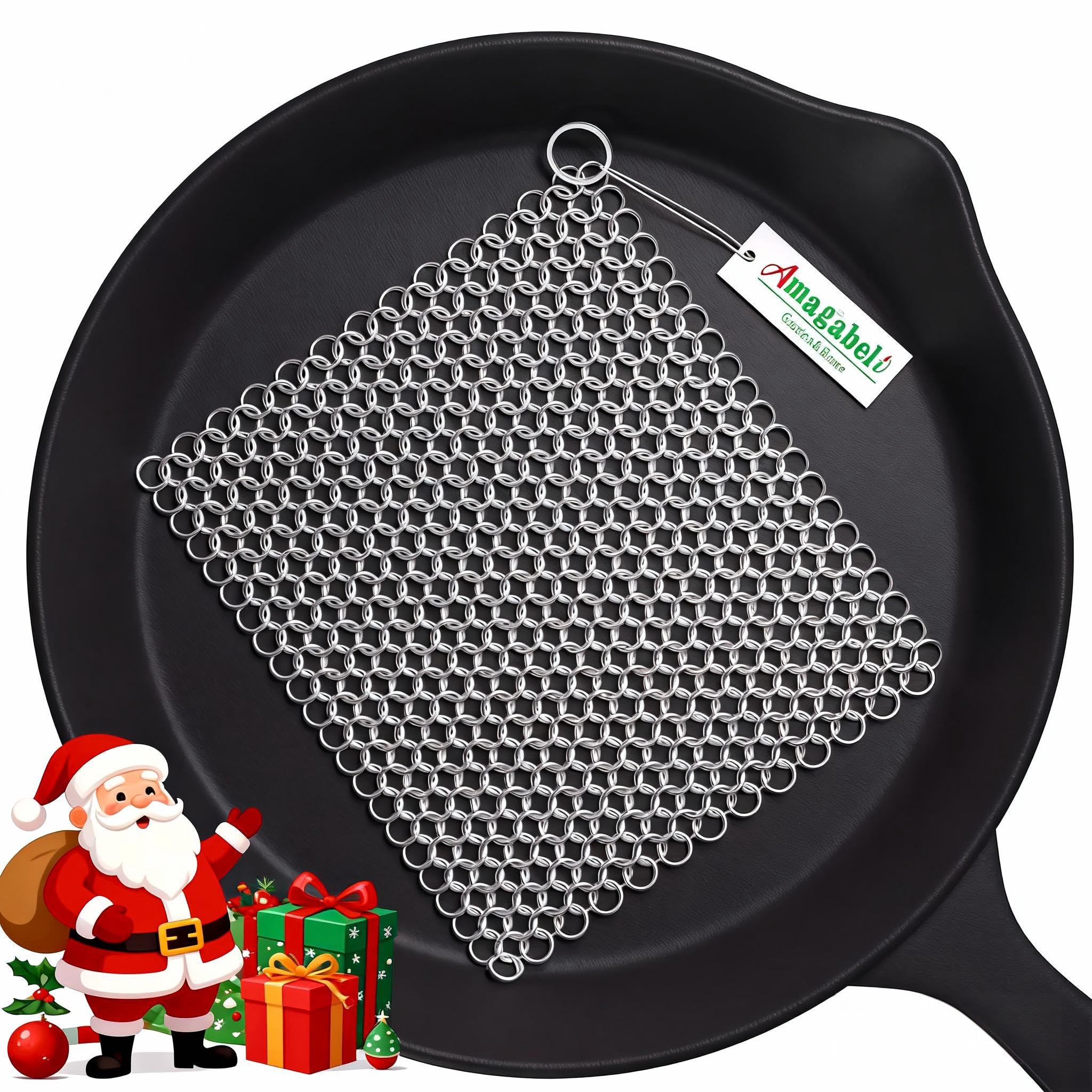 Amagabeli Cast Iron Cleaner 8"x6" 316L Stainless Steel Chainmail Scrubber Cast Iron Skillet Cleaner for Pan Pot Wok Griddles BBQ Grills Cast Iron Cleaning Christmas Gifts