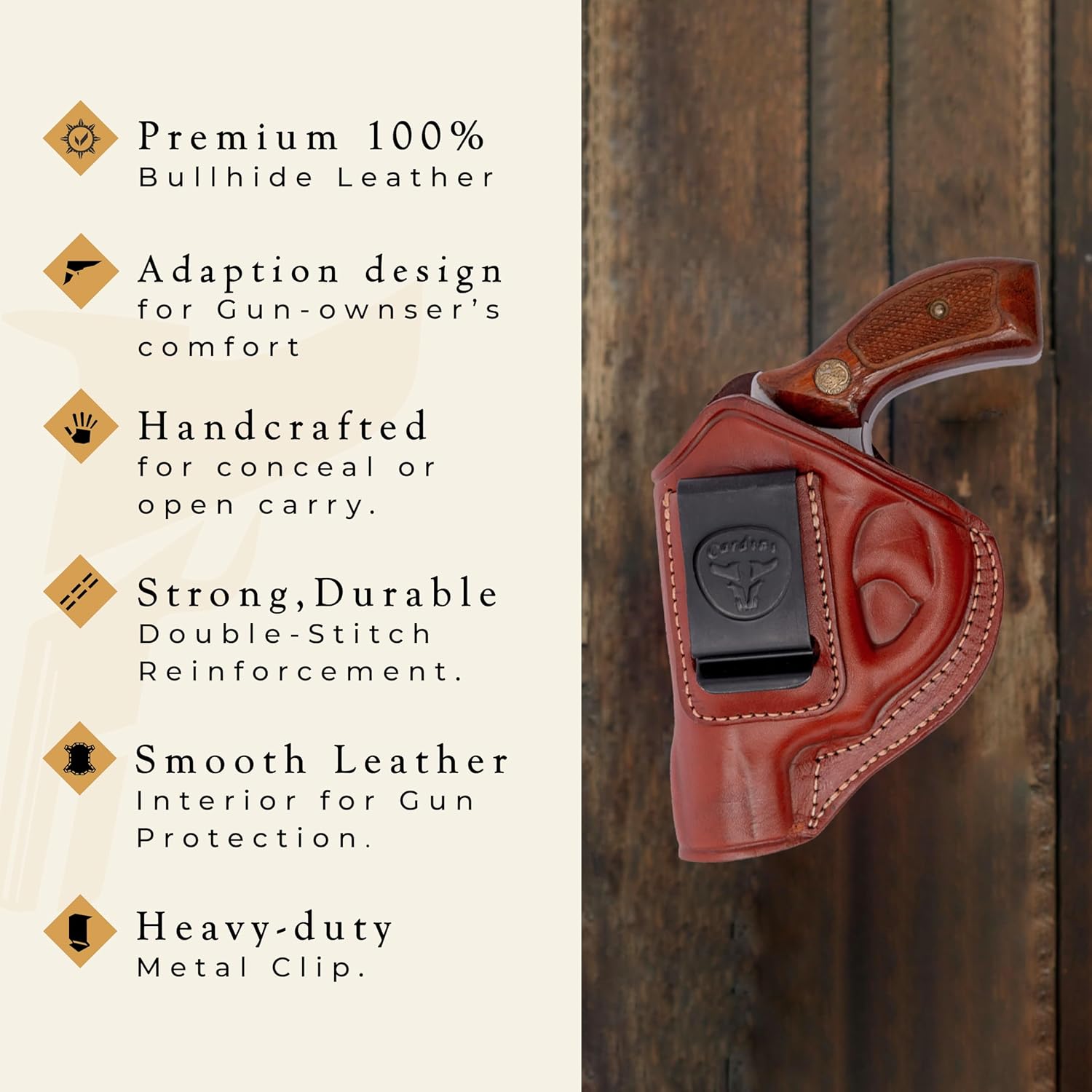 Cardini Leather Premium IWB Holster, for 5-Shot Revolvers, for S&W J Frame, for Taurus 605, 642 airweight, 38 Special Holster